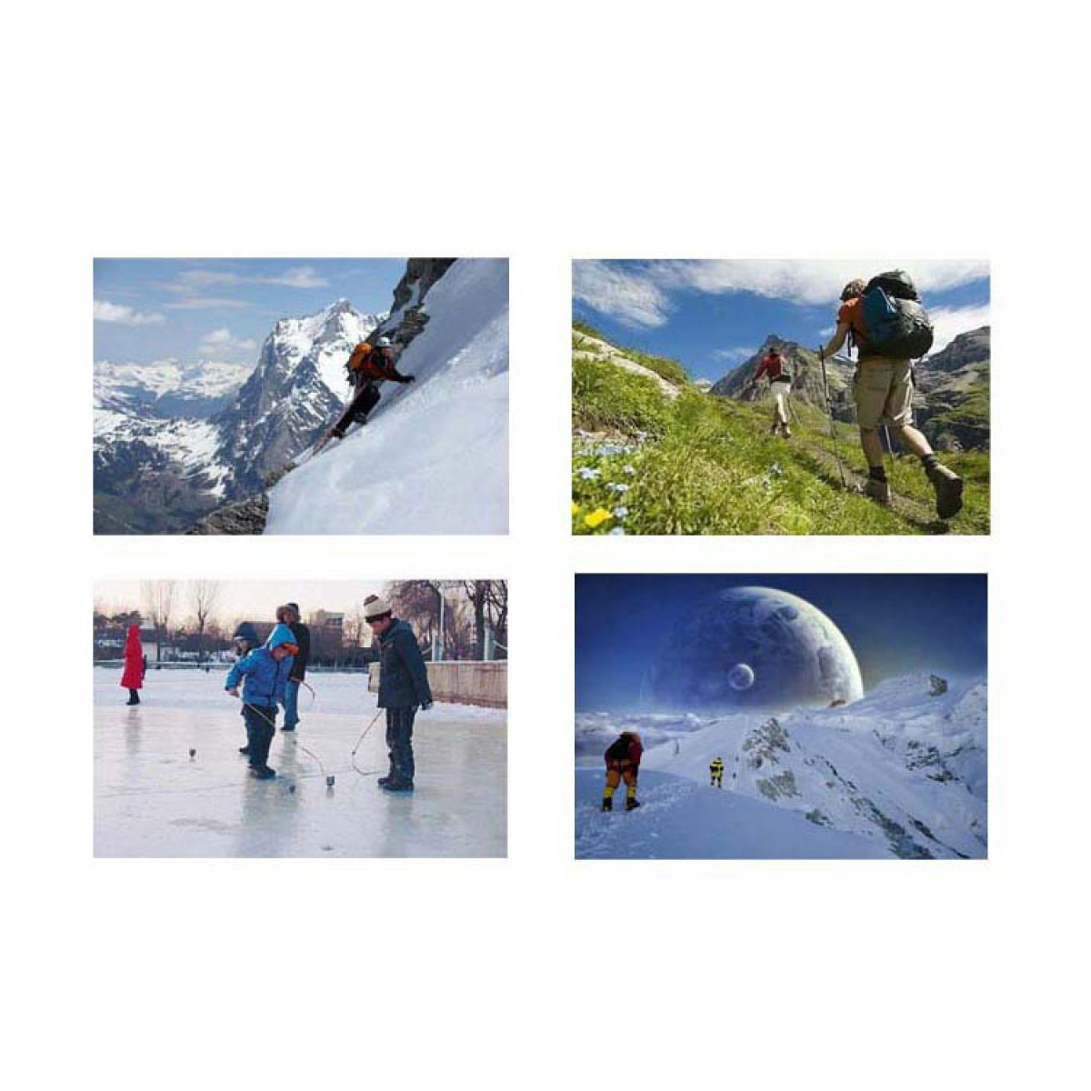 Alpinista na stromym, zaśnieżonym zboczu z majestatycznymi górami.