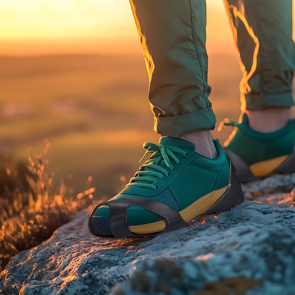 Zielone buty trekkingowe z kolcami na skałach o zachodzie słońca.