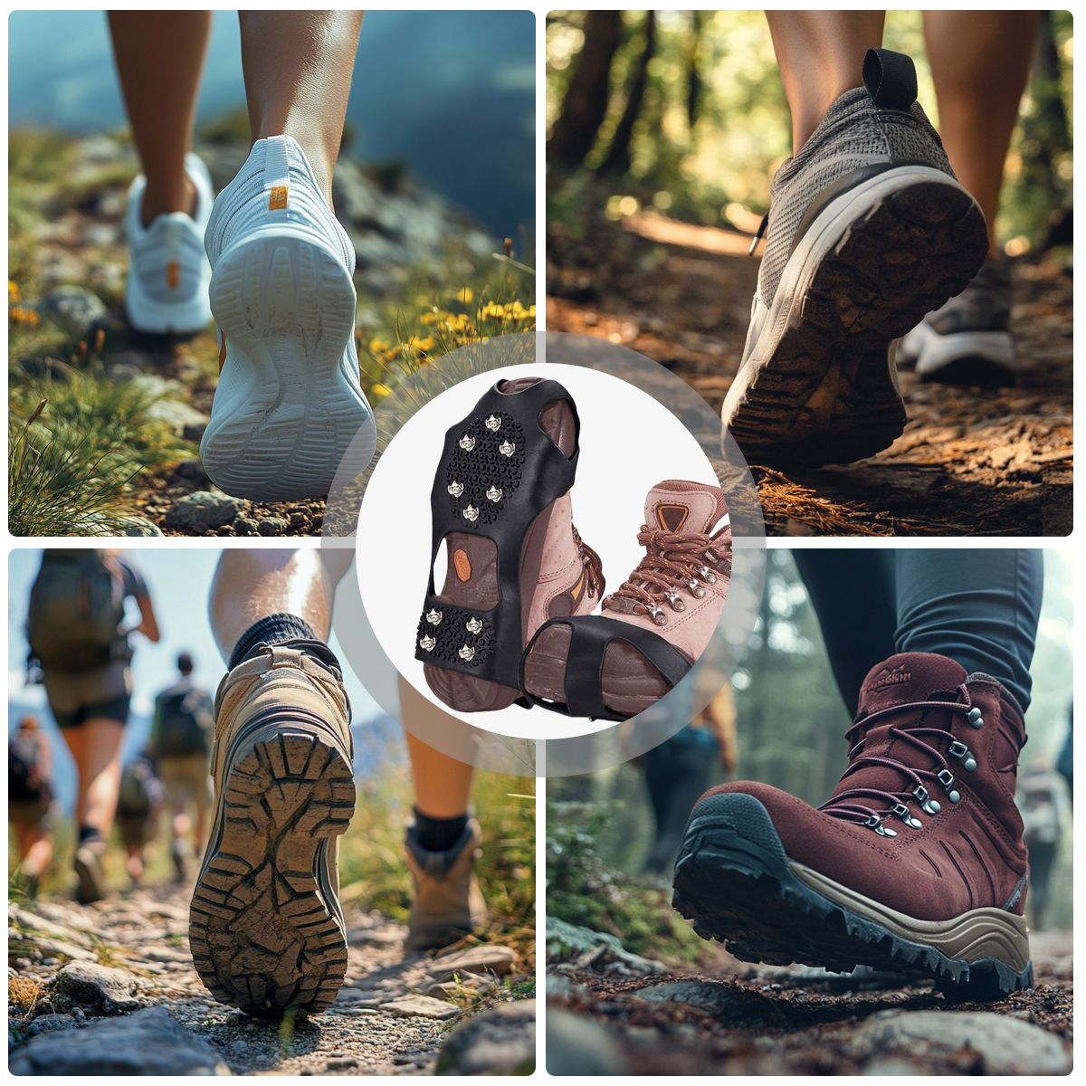 Zbliżenie butów trekkingowych z kolcami dla lepszej przyczepności.