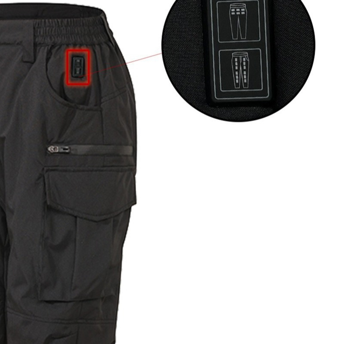 Czarne spodnie z guzikiem i powiększonym widokiem panelu sterowania.