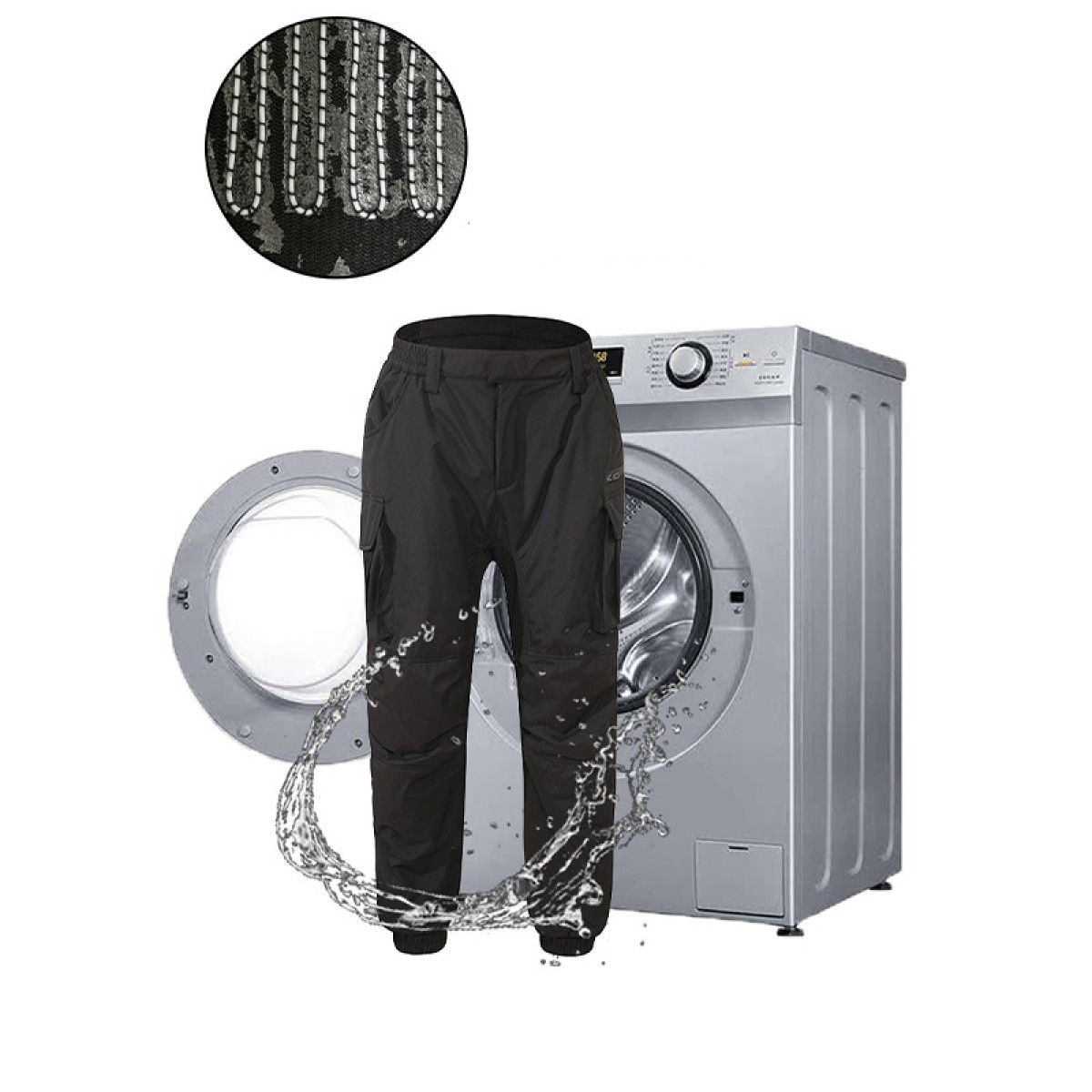 Czarne spodnie przed pralką z rozpryskiem wody.