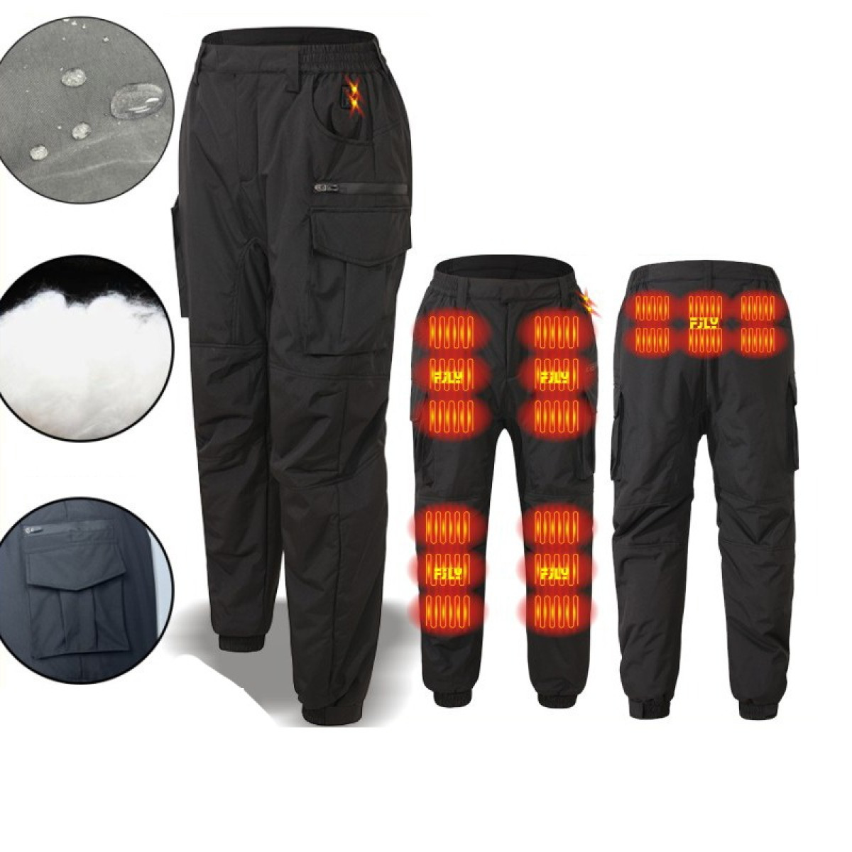 Czarne podgrzewane spodnie z wieloma kieszeniami i czerwonymi elementami grzewczymi.
