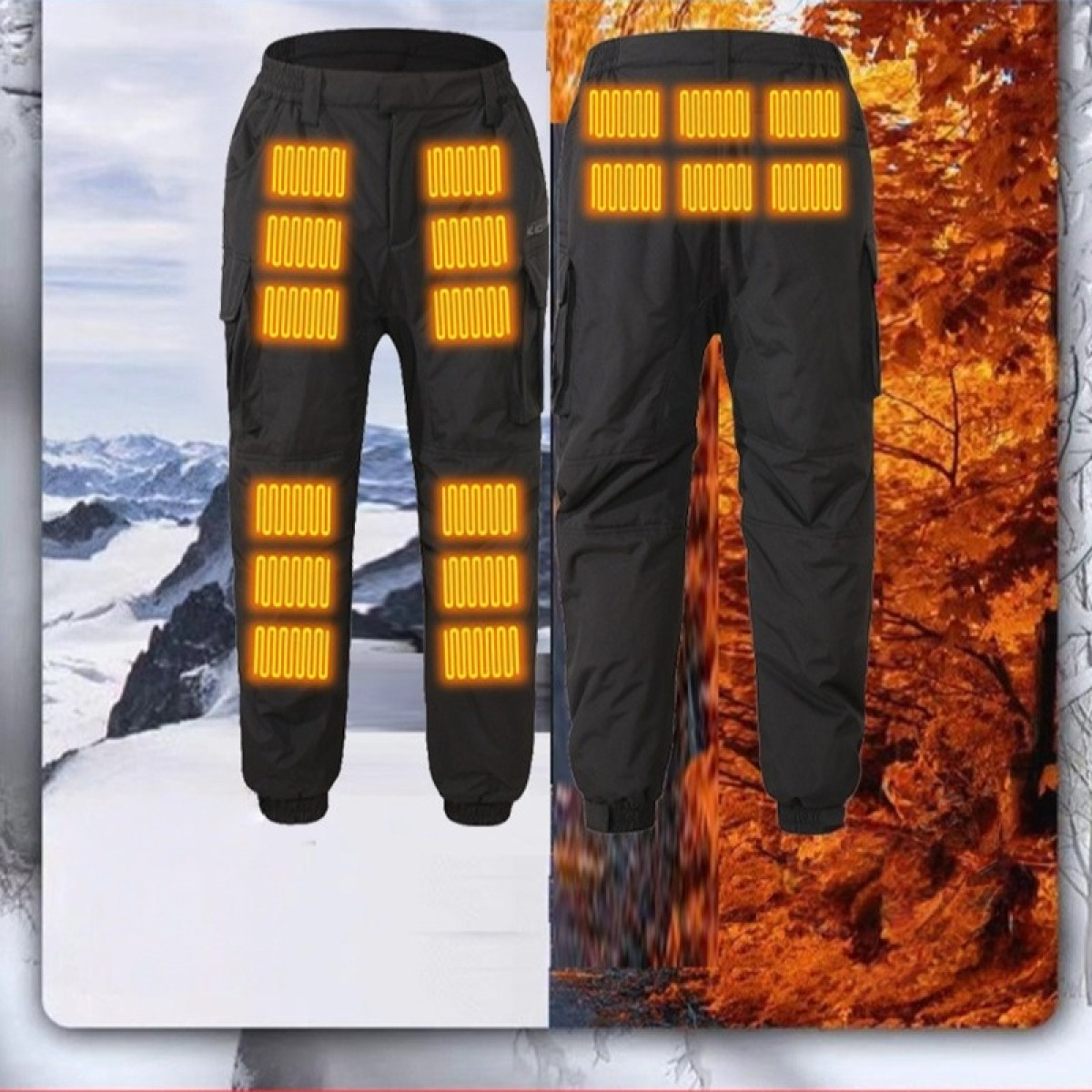 Czarne spodnie podgrzewane z pomarańczowymi elementami grzewczymi na tle zaśnieżonych gór i jesiennych liści.