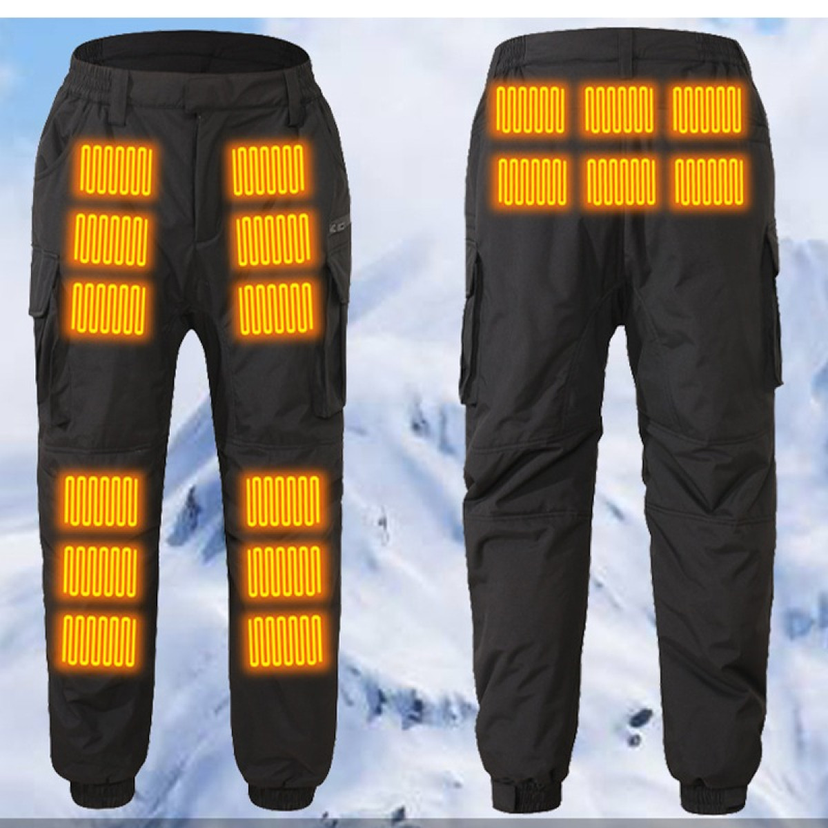 Czarne podgrzewane spodnie z jasno pomarańczowymi elementami grzewczymi z przodu i z tyłu.