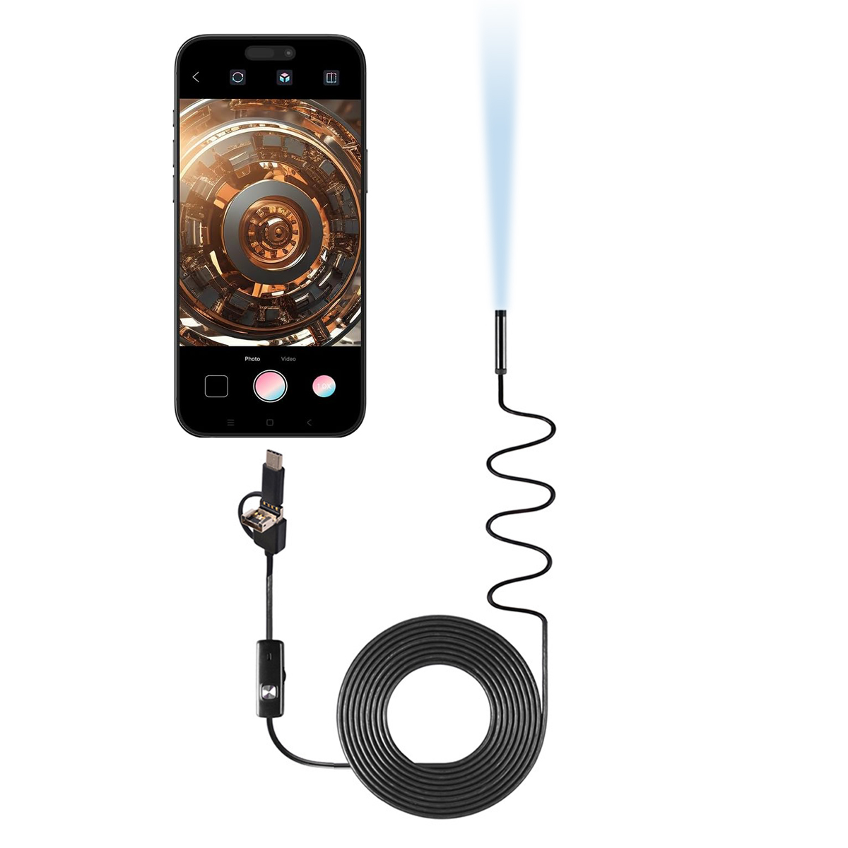 Smartfon wyświetla mechaniczne koło, połączone z endoskopem.