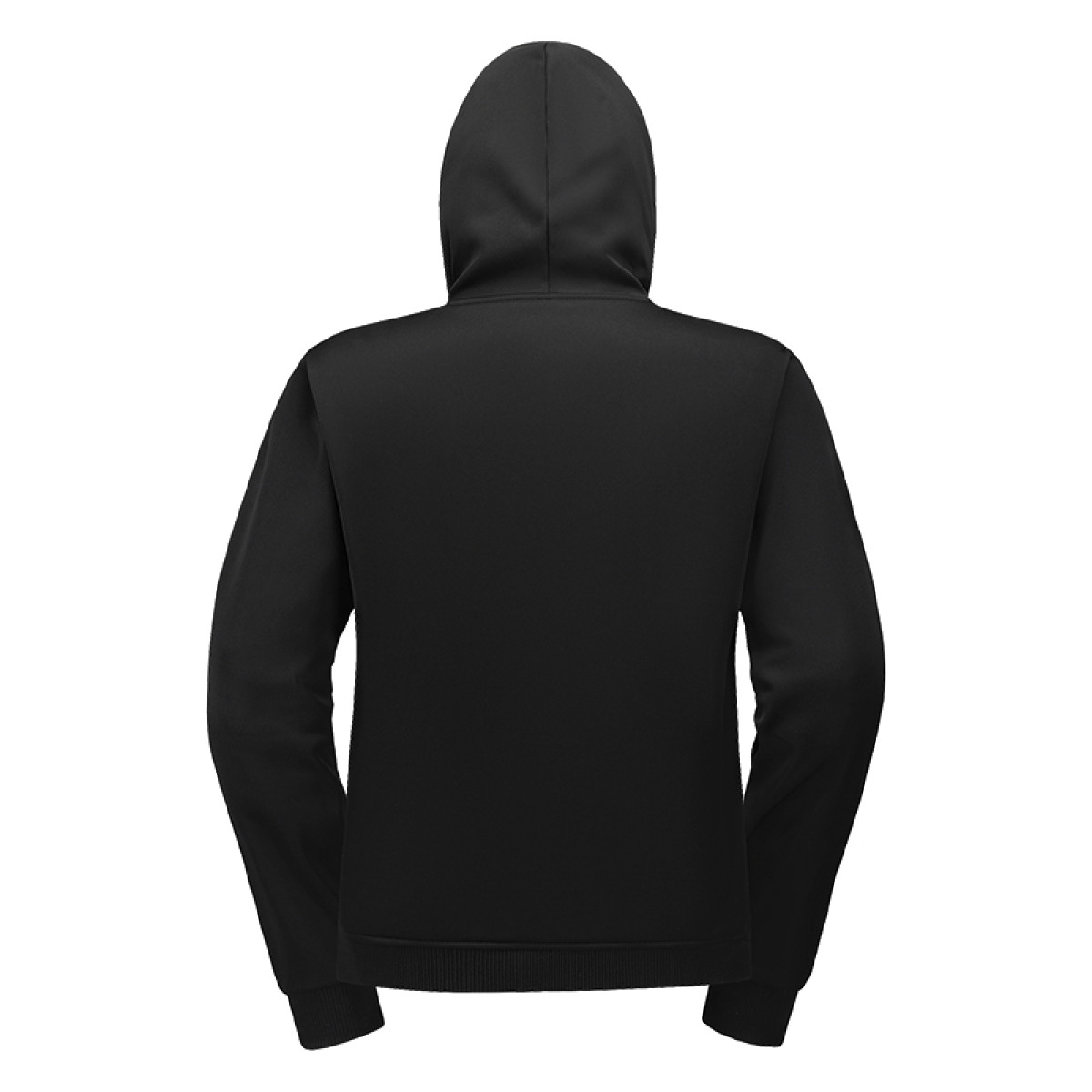 Widok z tyłu czarnej bluzy z kapturem i długimi rękawami.