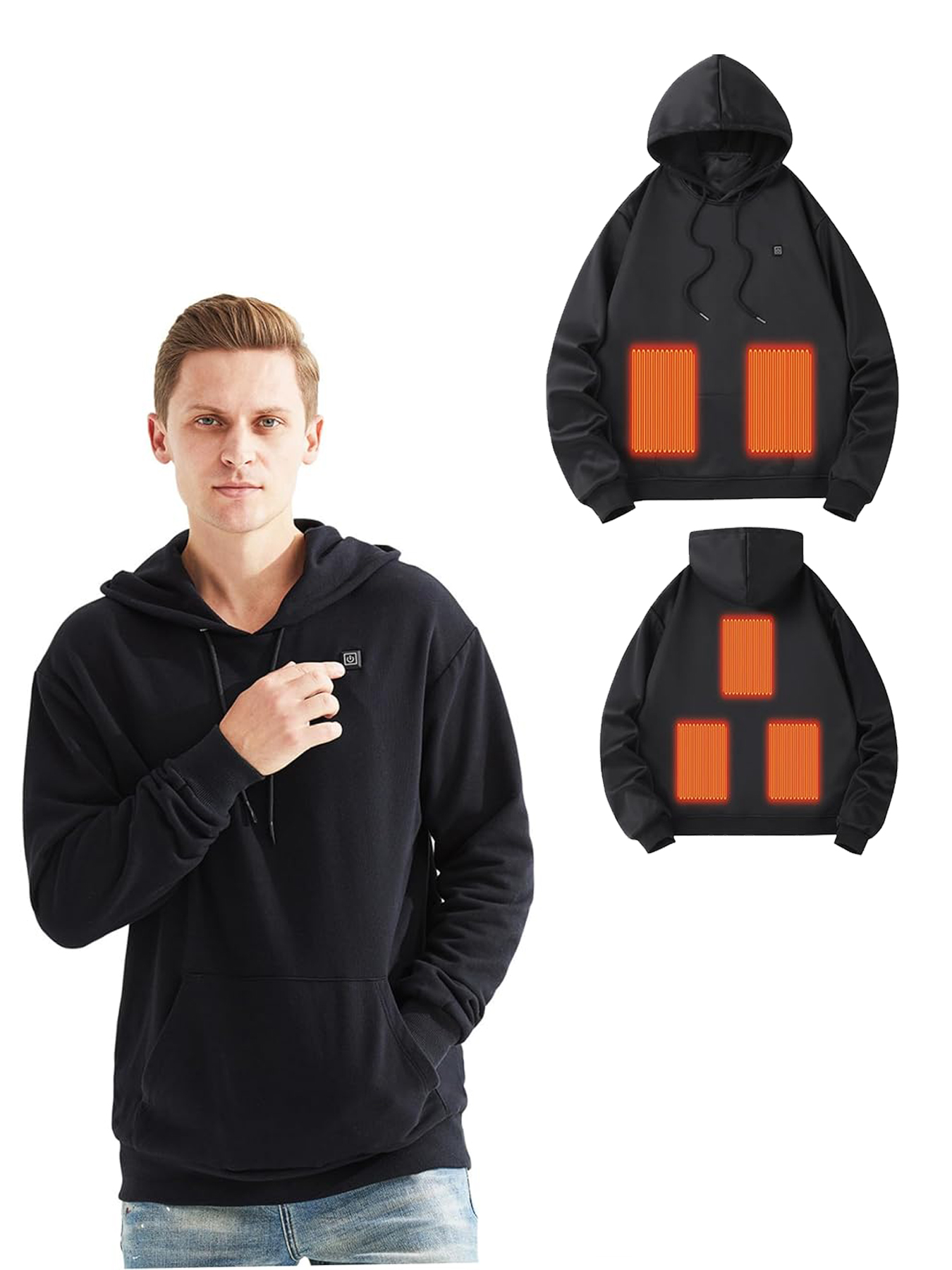 Mężczyzna w czarnej bluzie z kapturem z panelami grzewczymi z przodu i z tyłu.