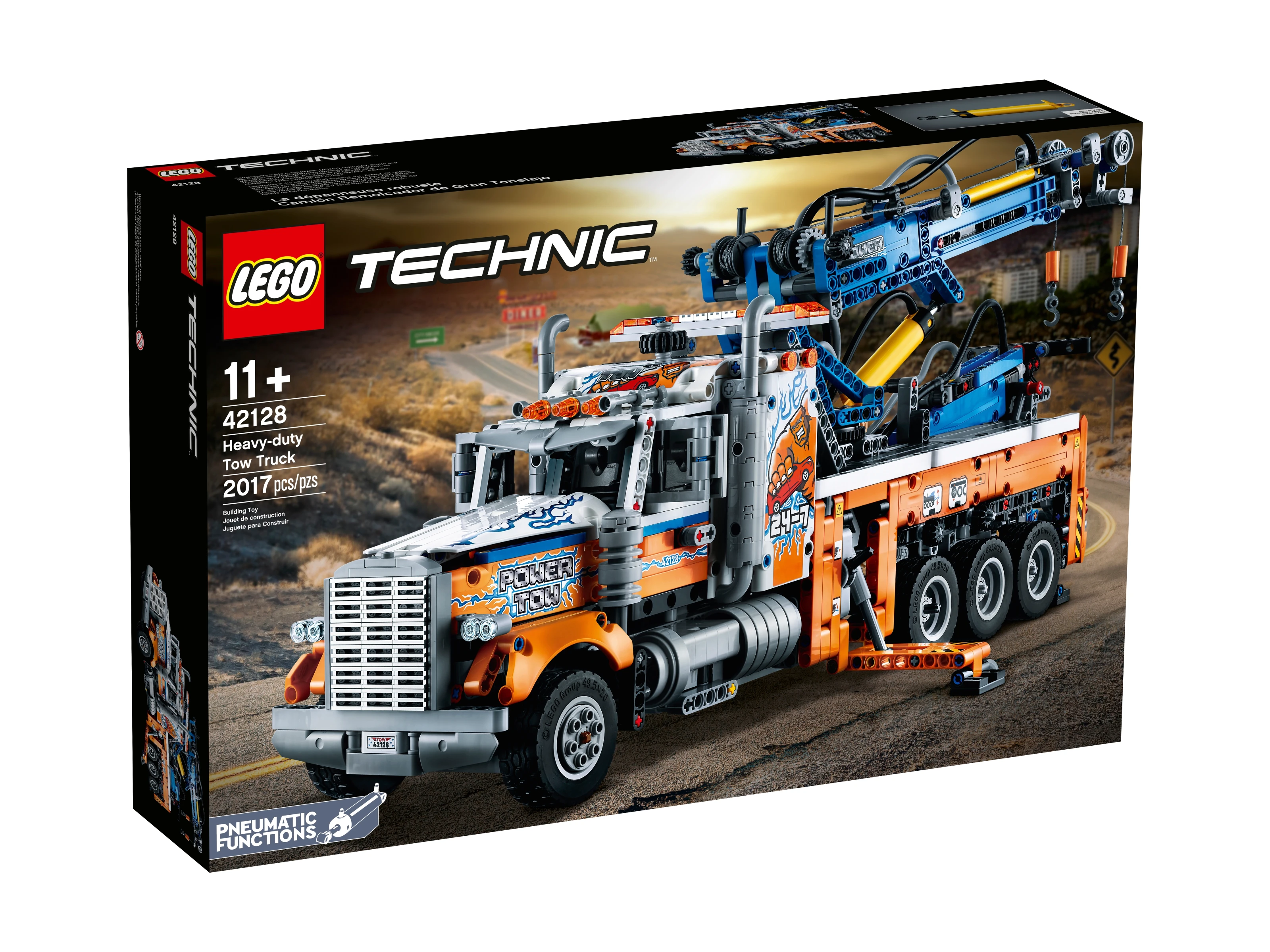 Zestaw LEGO Technic ciężkiego holownika z dźwigiem i funkcjami.
