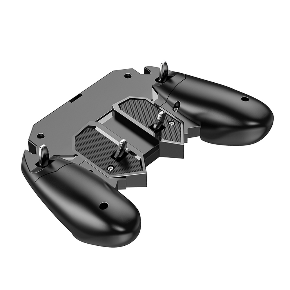 Controlador de juegos móvil negro con agarres y gatillos.