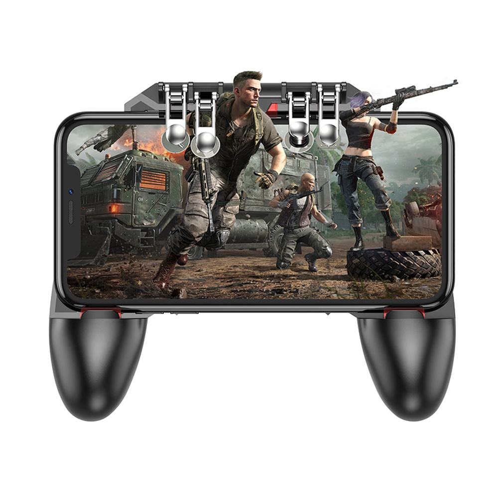 Un smartphone con mando de juegos, mostrando soldados en acción.