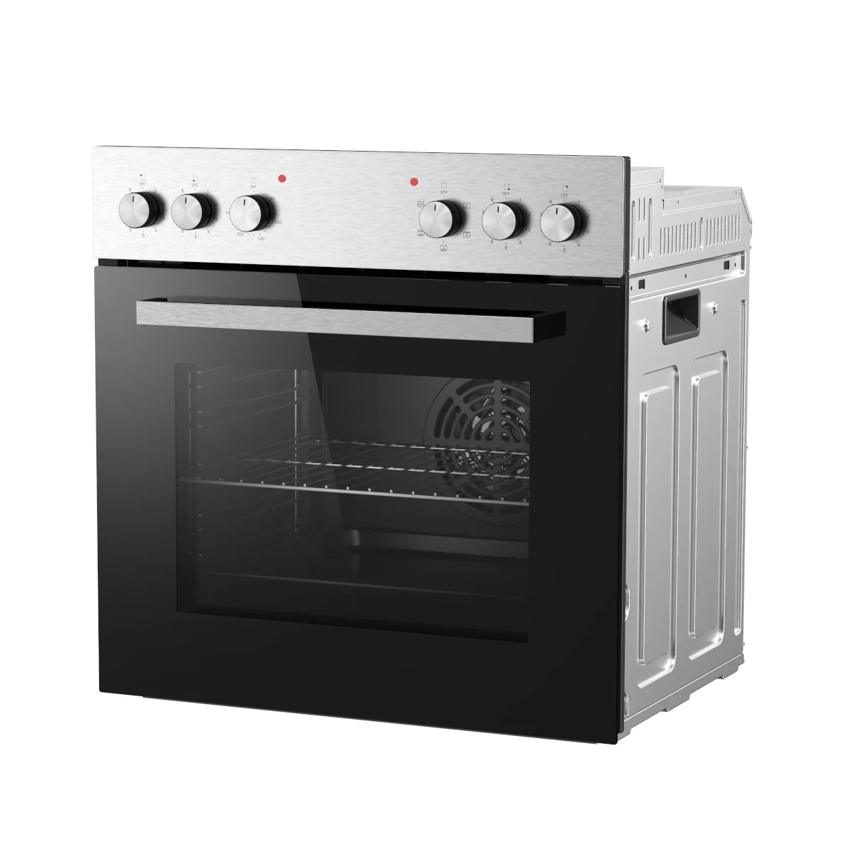 Ein moderner Edelstahl-Einbaubackofen mit schwarzer Glastür und Bedienknöpfen.