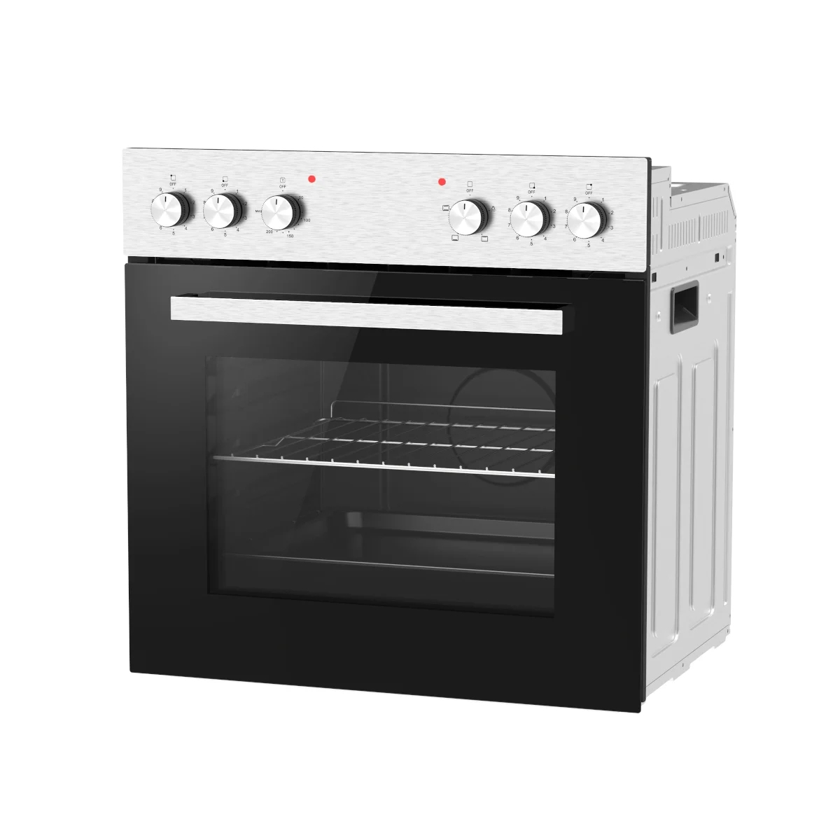 Ein moderner silberner Backofen mit schwarzer Glastür und Bedienknöpfen.