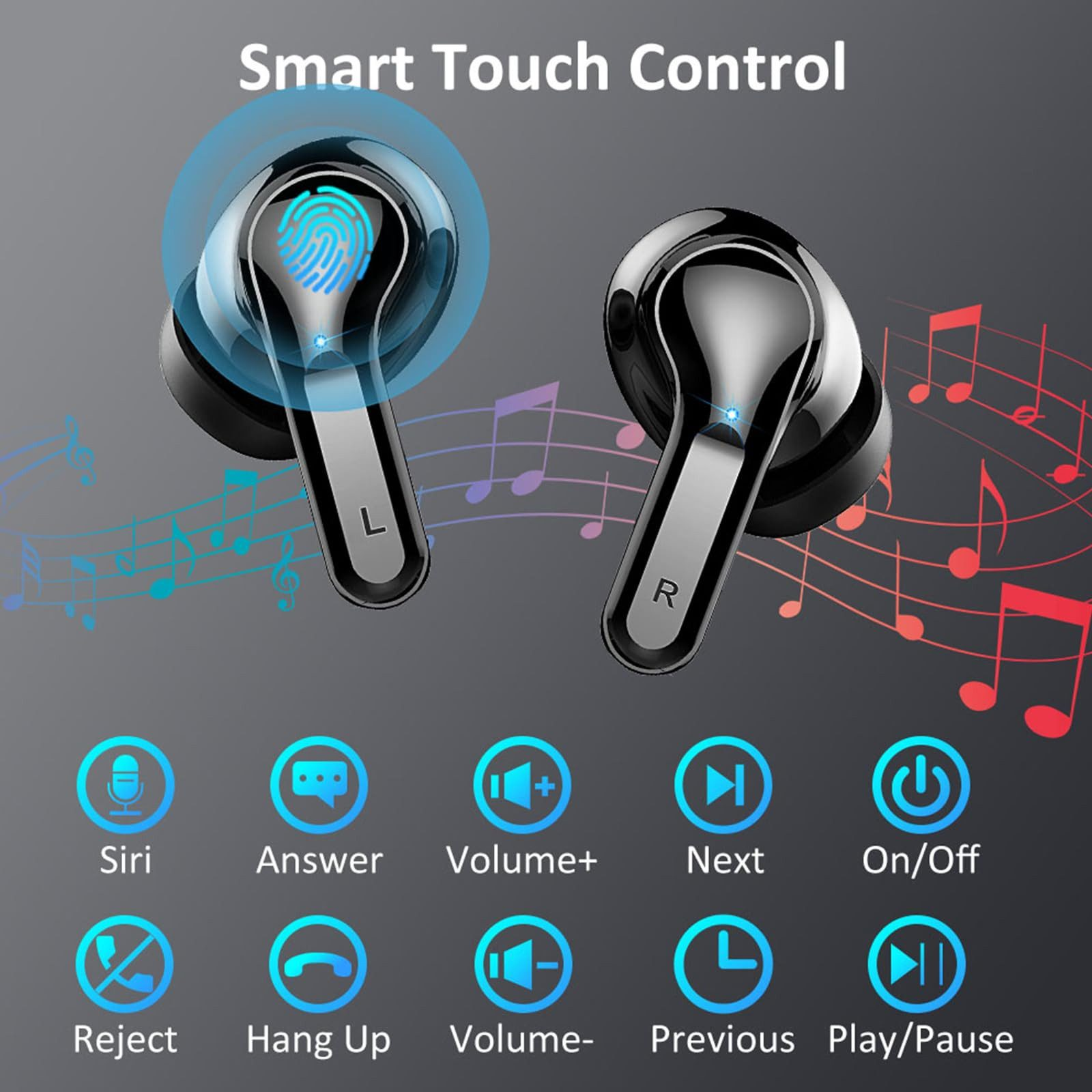 Zwei schwarze Ohrhörer mit Touch-Steuerung, Musiknoten und Funktionssymbolen.
