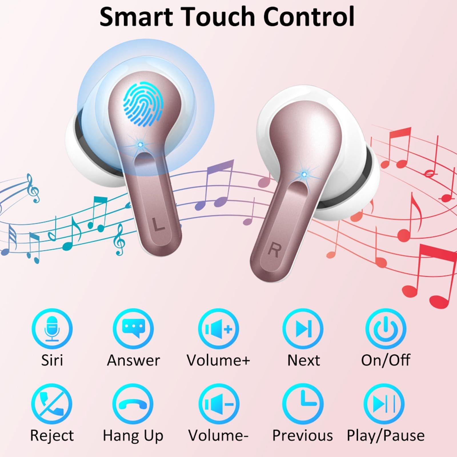 Roségoldene Ohrhörer mit Touch-Steuerung und Musiknoten. Symbole zeigen Siri, Annehmen, Lautstärke, Weiter, Ein/Aus, Ablehnen.