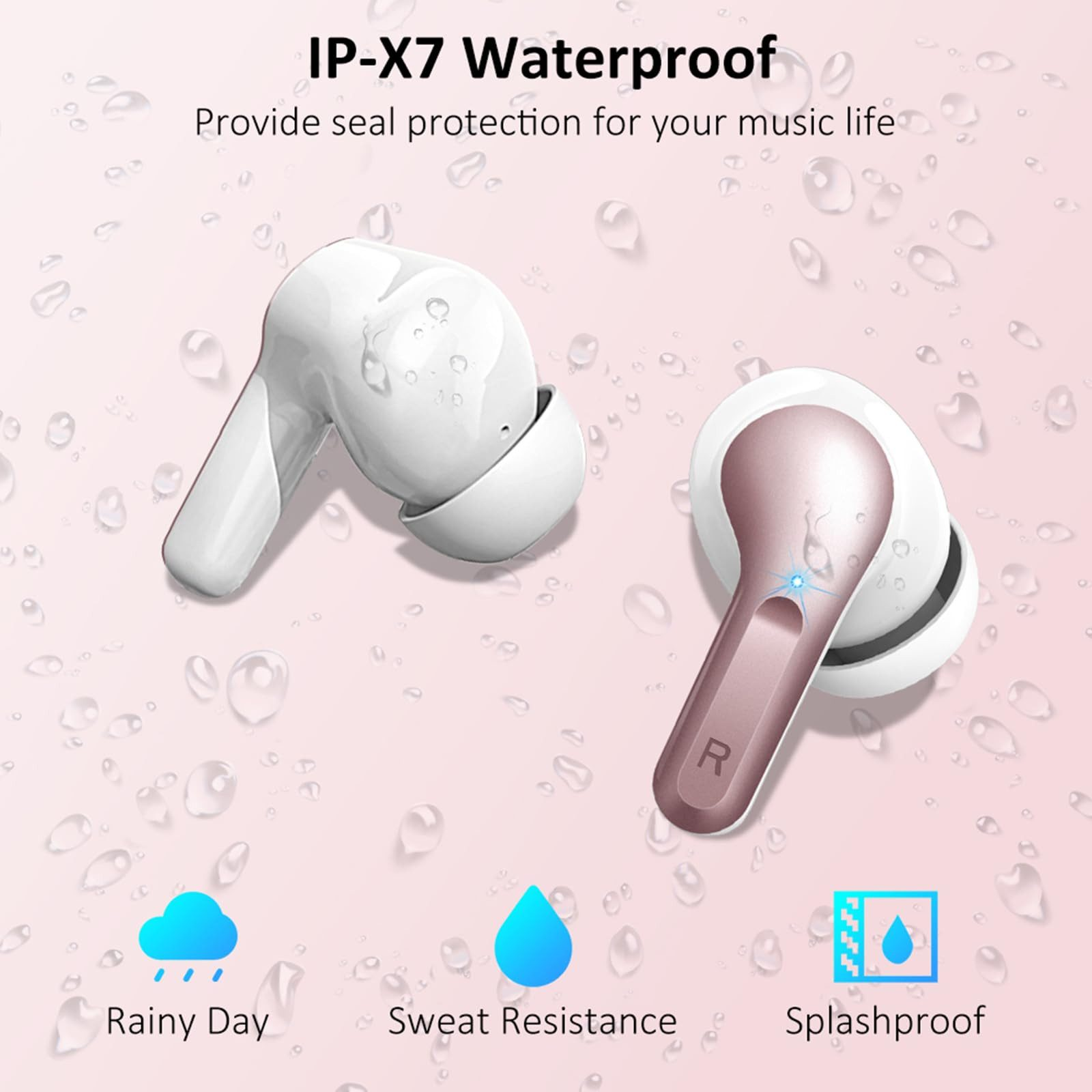 Zwei wasserdichte weiße und roségoldene Ohrhörer mit Wassertropfen-Effekt.