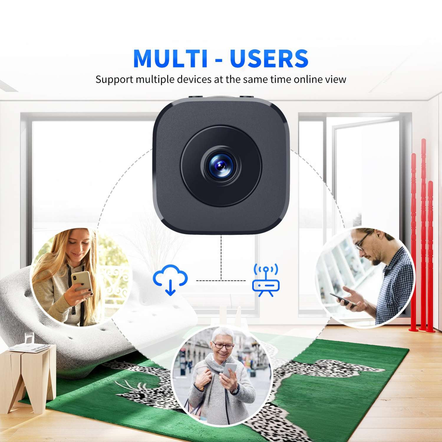 Eine Kamera verbindet sich über Telefon und WLAN mit mehreren Benutzern. Multi-User-Support.