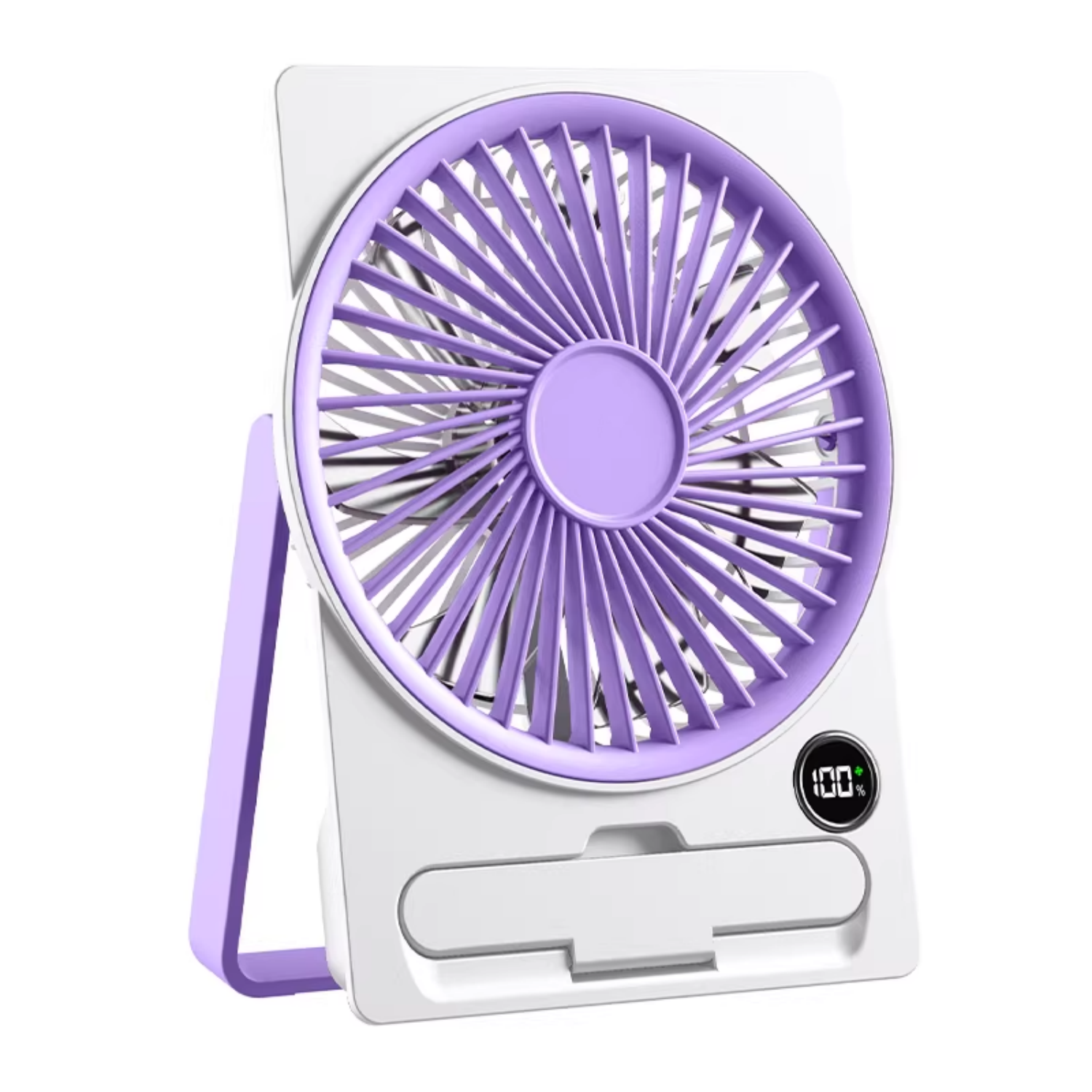 Ein kleiner weißer Ventilator mit violetter Lüfterabdeckung und Ständer.