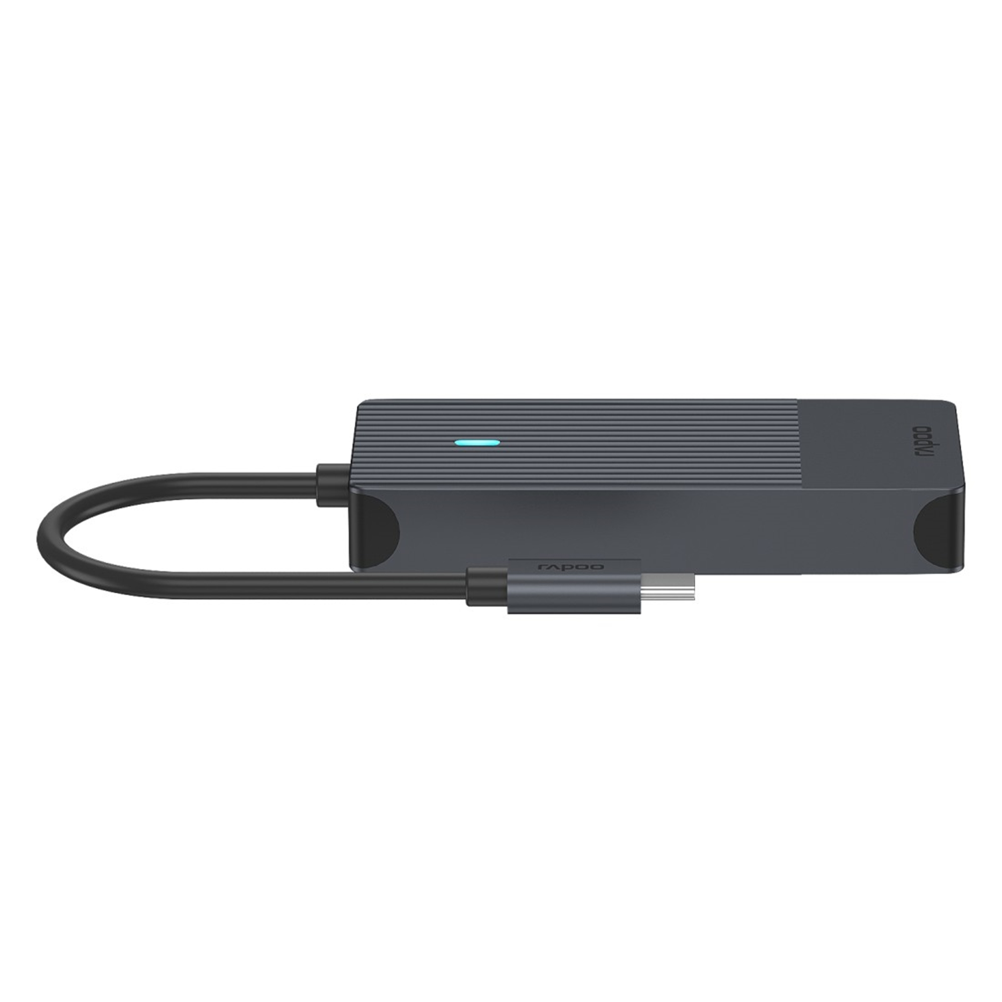 Grauer USB-C-Hub mit geriffeltem Gehäuse und blauem LED-Licht.