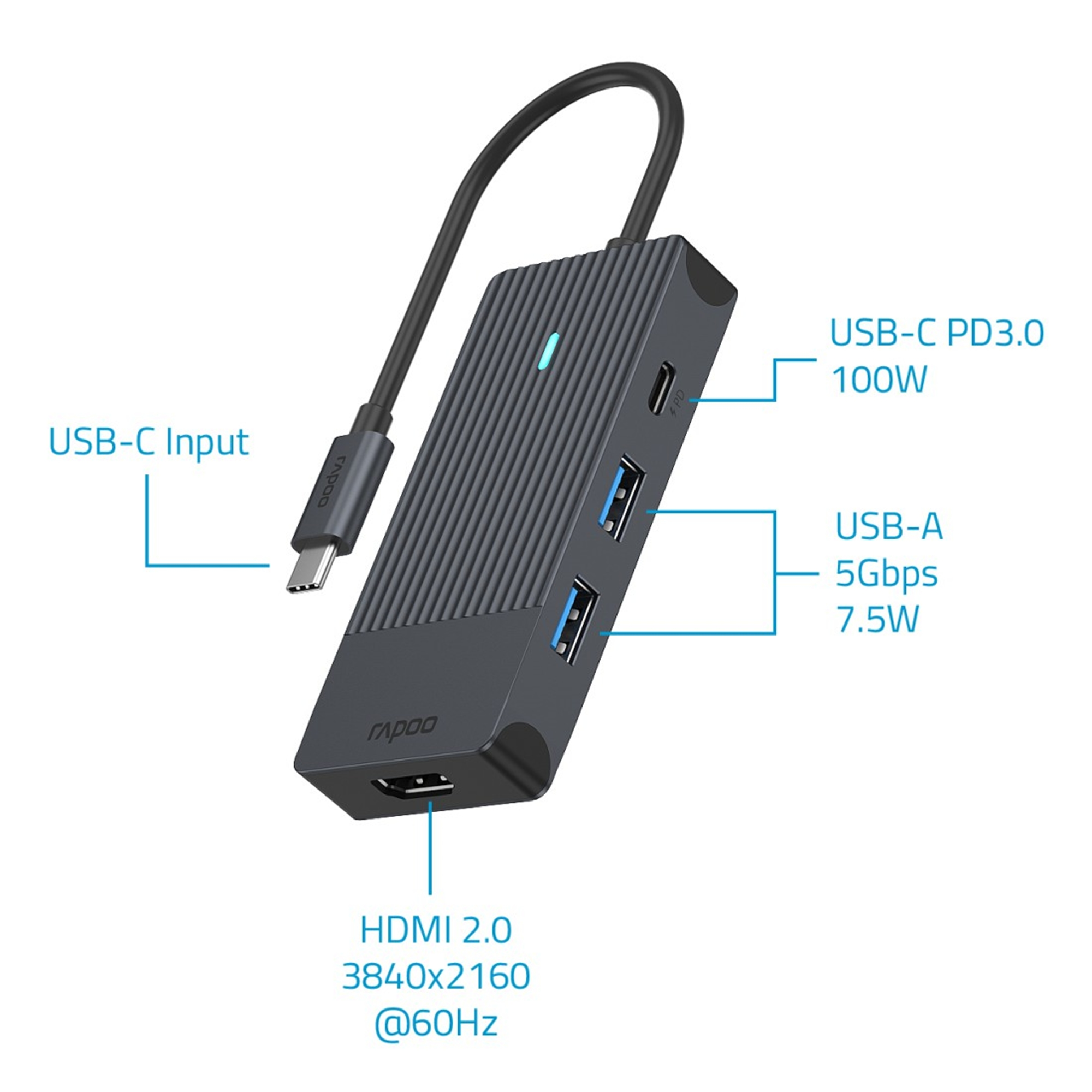Graues USB-C Hub mit HDMI, USB-C PD 100W und 2x USB-A Anschlüssen.