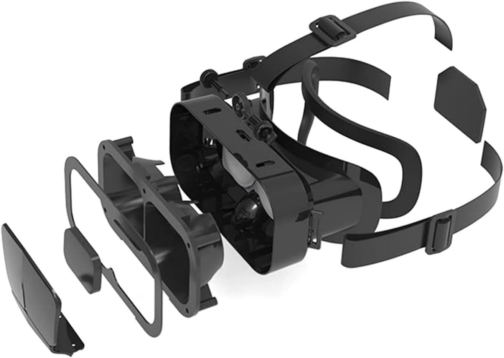 Explodierte Ansicht eines schwarzen VR-Headsets mit Linsen und Riemen.