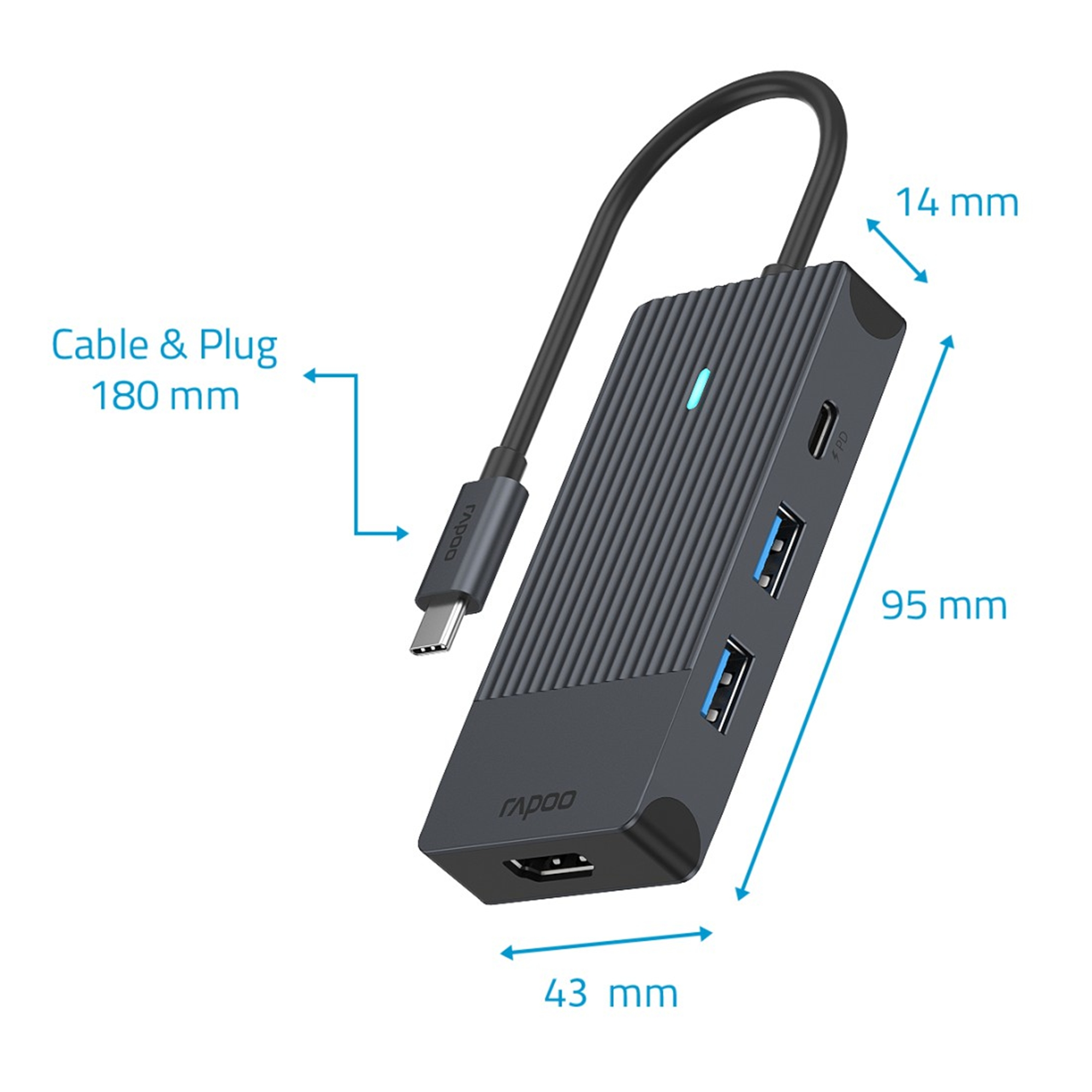 Schwarzer USB-C-Hub mit HDMI, 2x USB-A, PD-Anschluss. Maße 95x43x14mm.