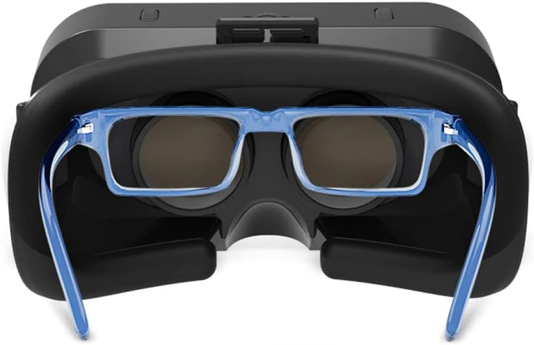 Eine VR-Brille mit blauen Brillengläsern vor den Linsen.