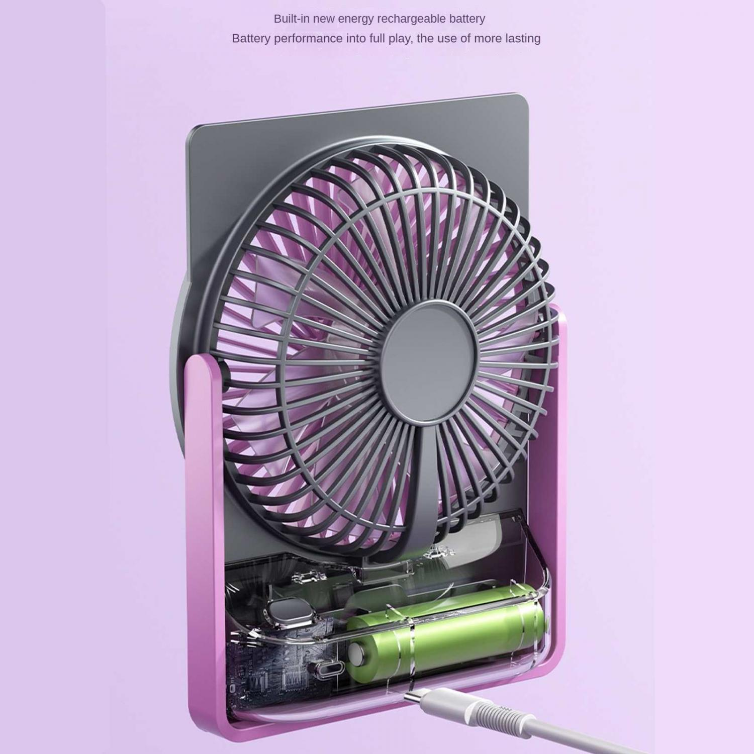 Ein violetter Ventilator mit sichtbarer Batterie und USB-C-Kabel.