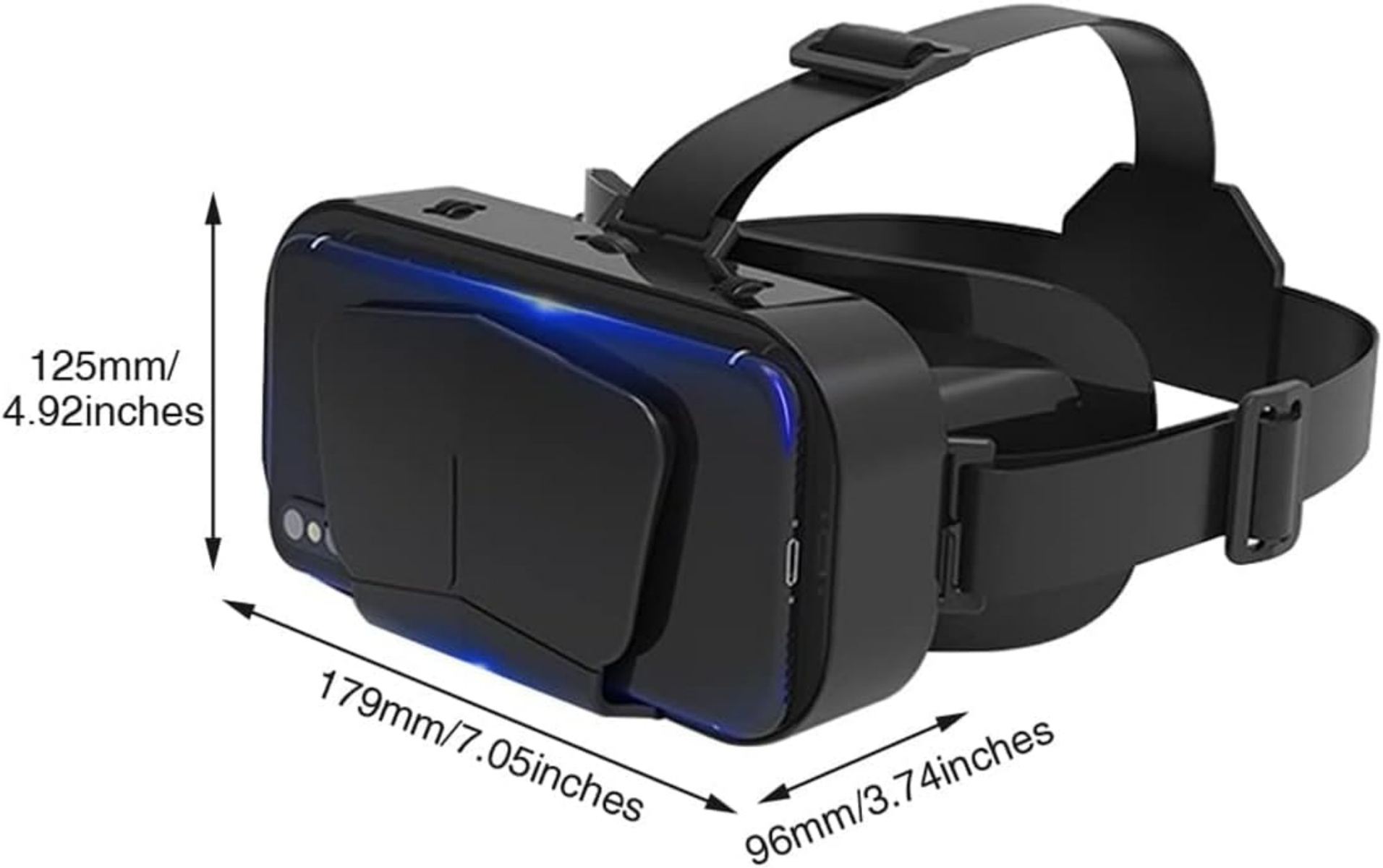 Schwarze VR-Brille mit blauen Lichtern und Größenangaben.