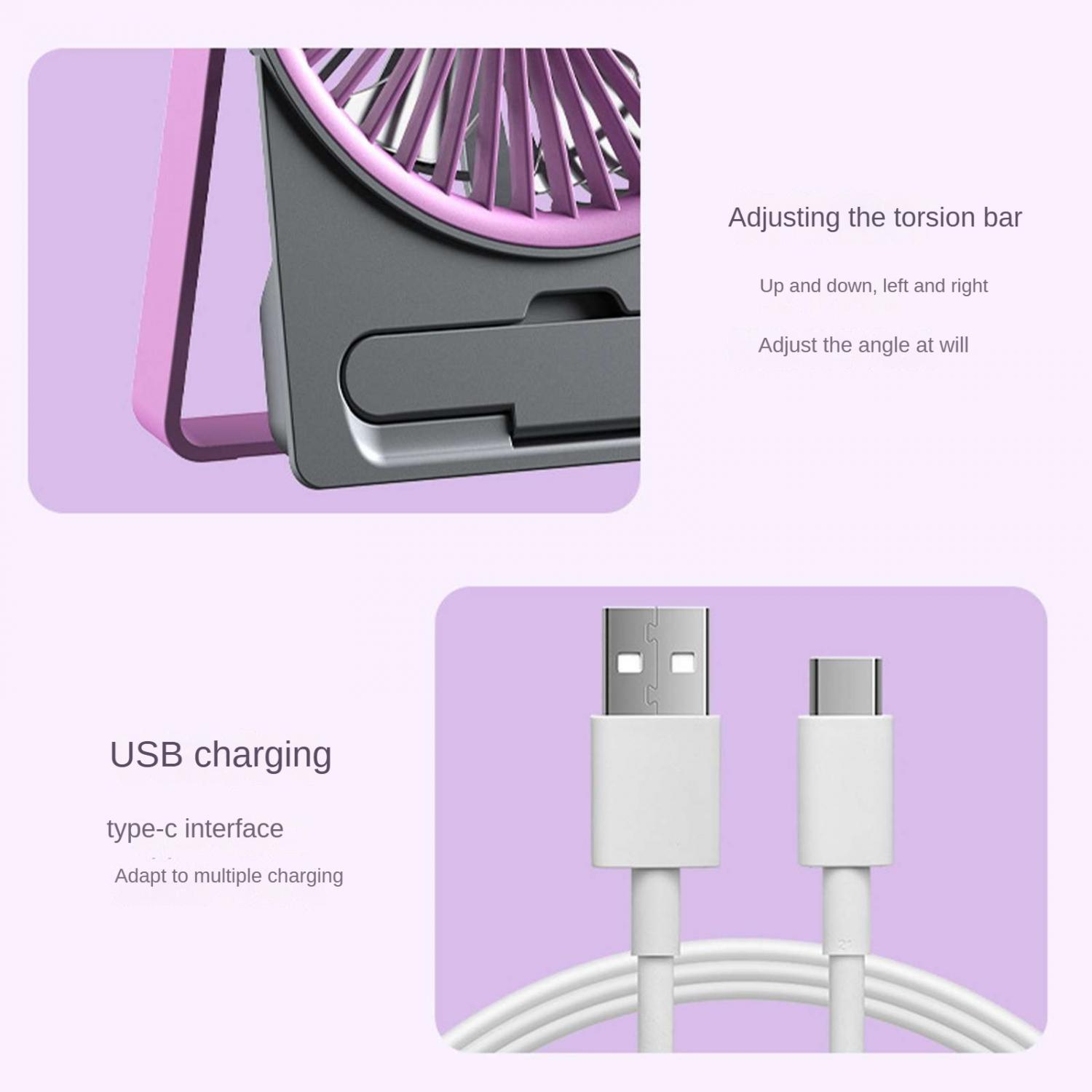 Nahaufnahme eines Lüfters mit verstellbarer Stange und eines USB-C-Ladekabels.