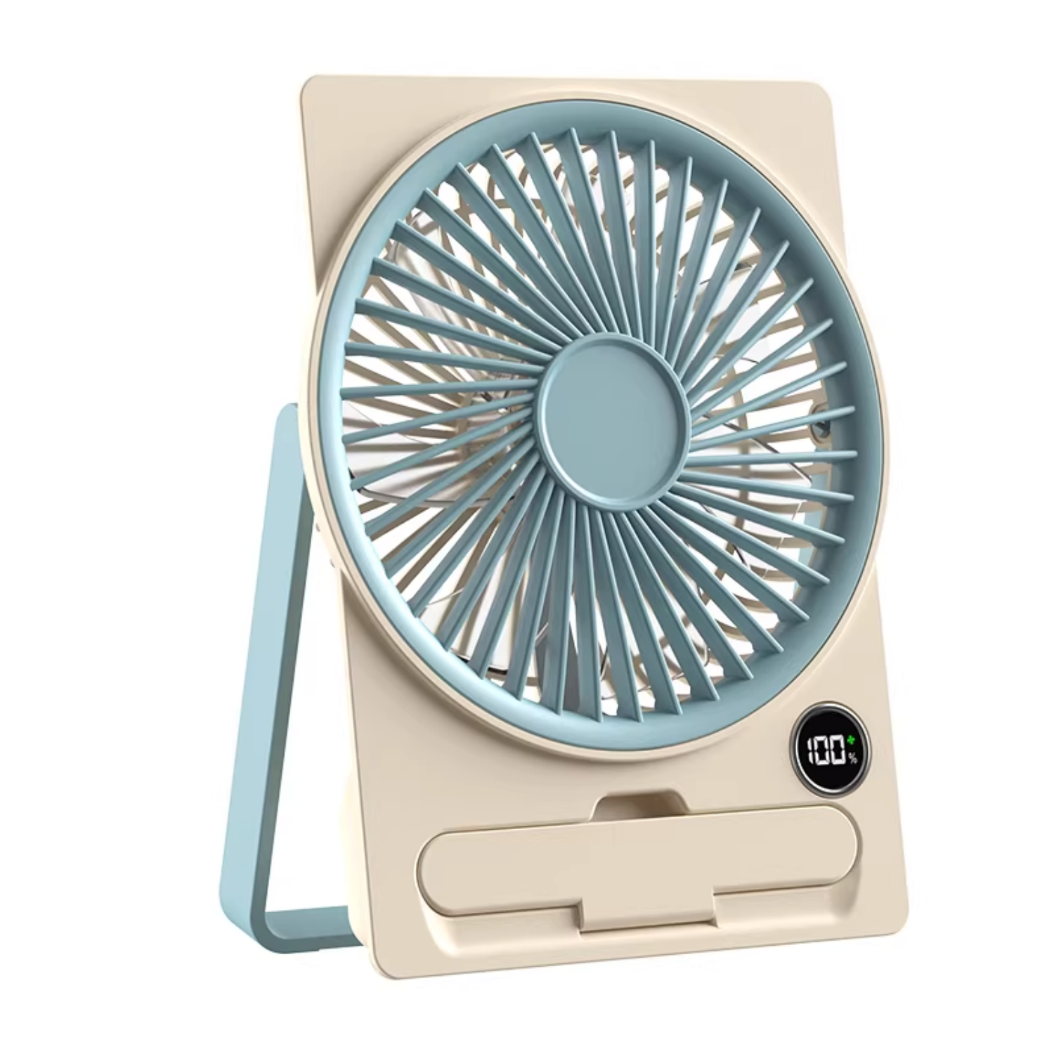 Ein kleiner, tragbarer Ventilator in Beige mit einem blauen Lüftergitter und digitaler Anzeige.
