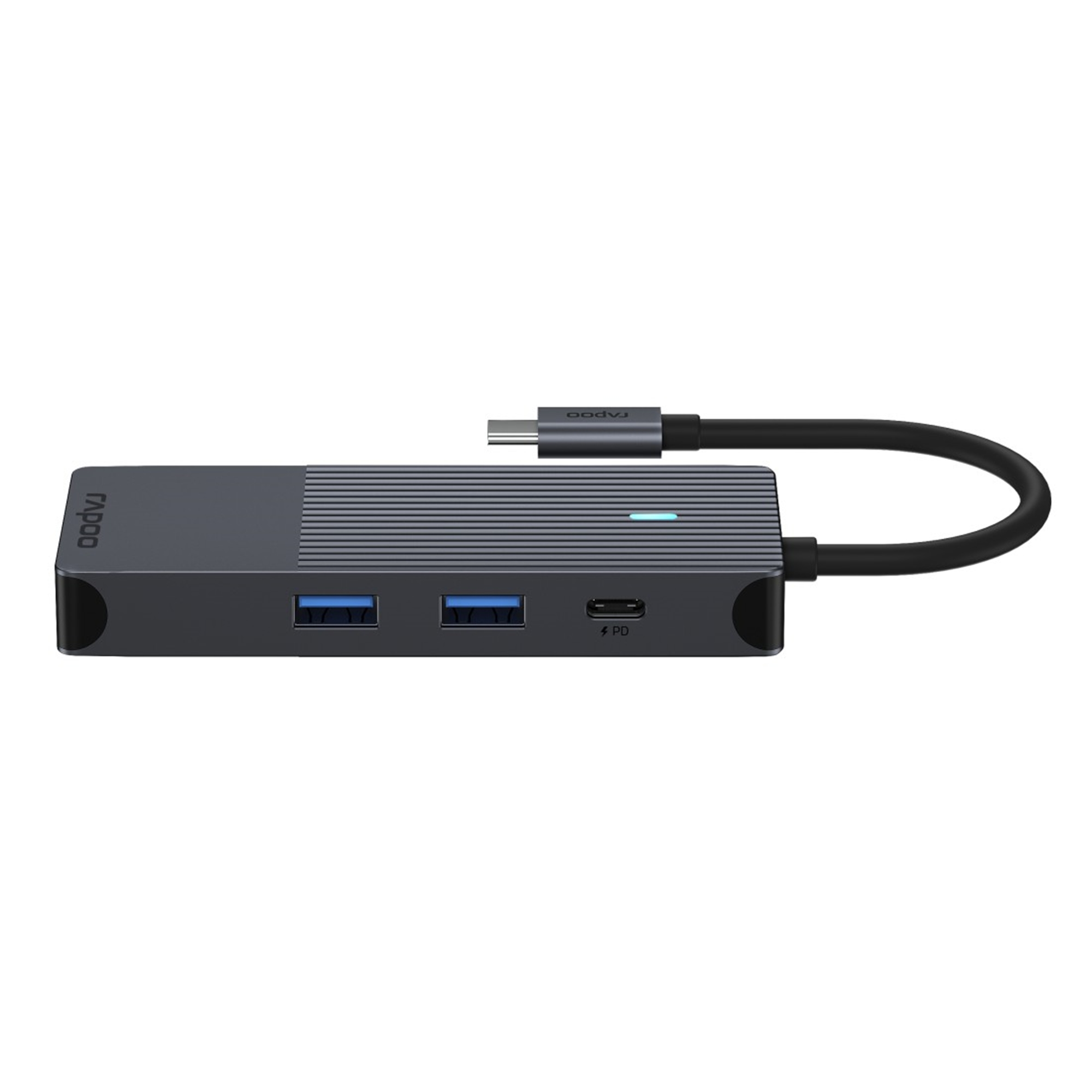 Grauer USB-C-Hub mit drei USB-A-Anschlüssen und einem PD-Anschluss.