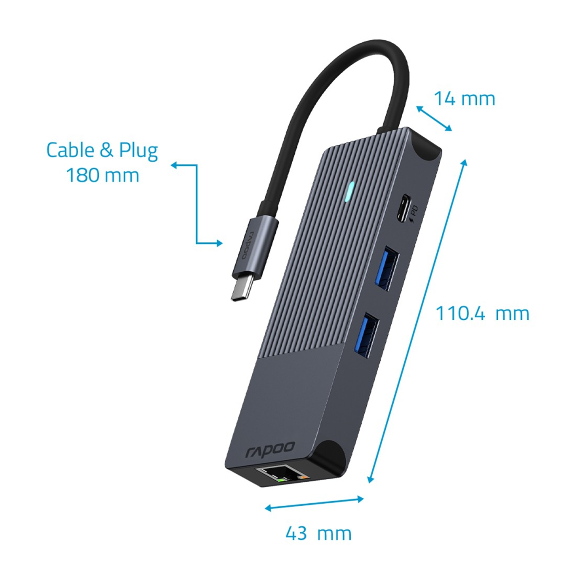 Grauer USB-C-Hub mit Anschlüssen, Maßen und Rapoo-Logo.