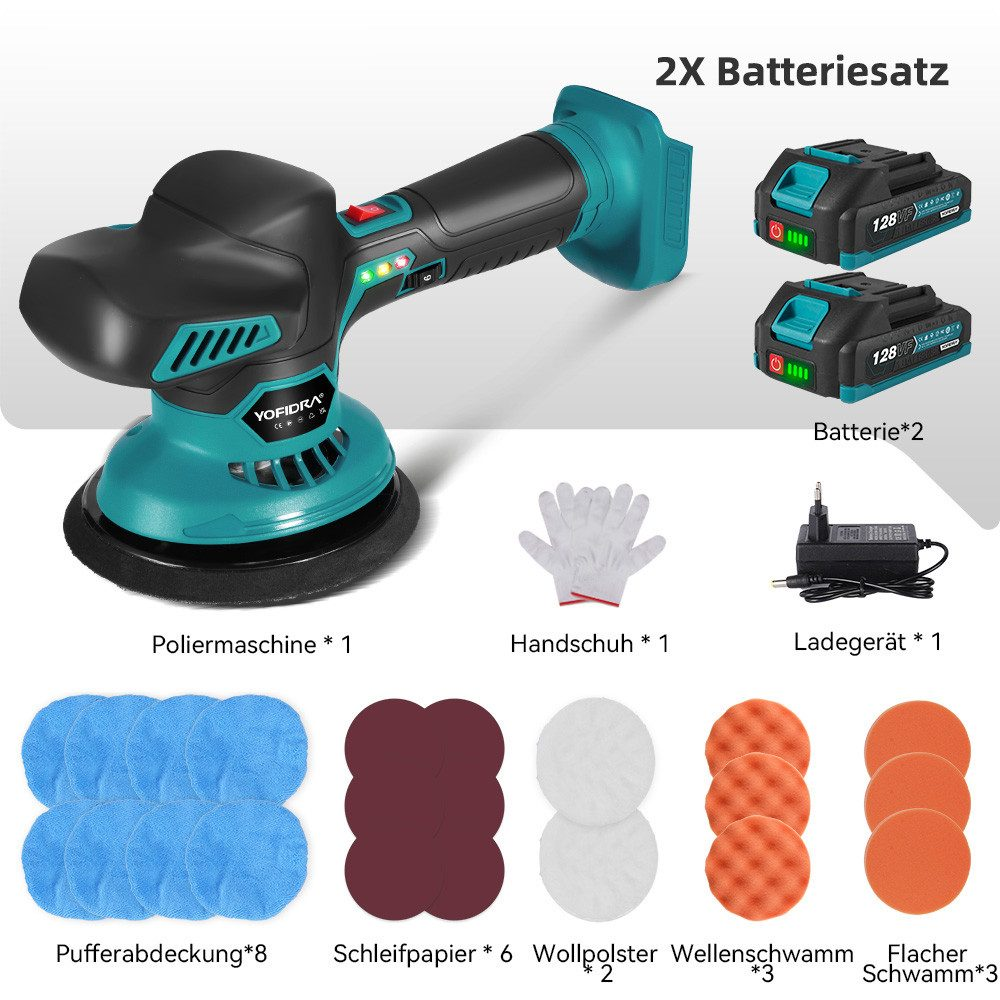 Polierer mit Zubehör: 2 Akkus, Handschuhe, Ladegerät, Polierpads.