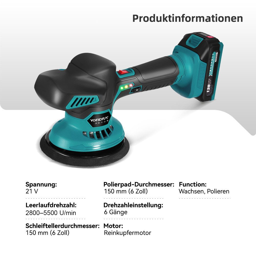 Ein tealfarbener Akku-Schleifer mit schwarzem Griff und Details. Informationen sind aufgeführt.