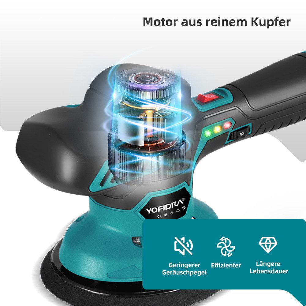 Detailansicht eines Poliergeräts mit kupfernem Motor, blauem Leuchten und Symbolen.