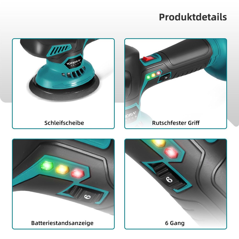 Vier Ansichten eines Schleifgeräts: Schleifscheibe, Griff, Batterieanzeige und Gangwahl.