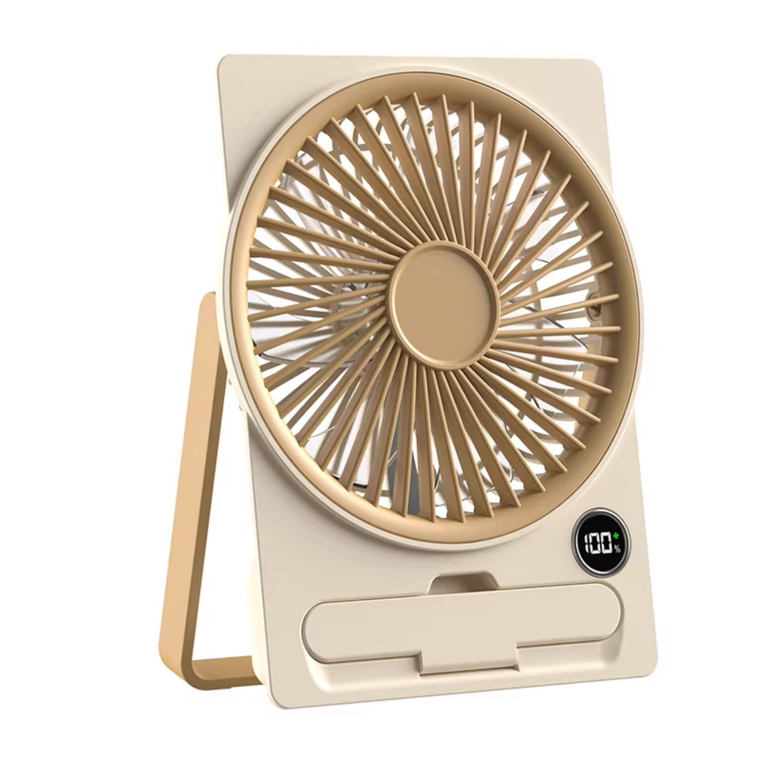 Ein beigefarbener kleiner Ventilator mit goldfarbenem Lüfterblatt und digitaler Anzeige.