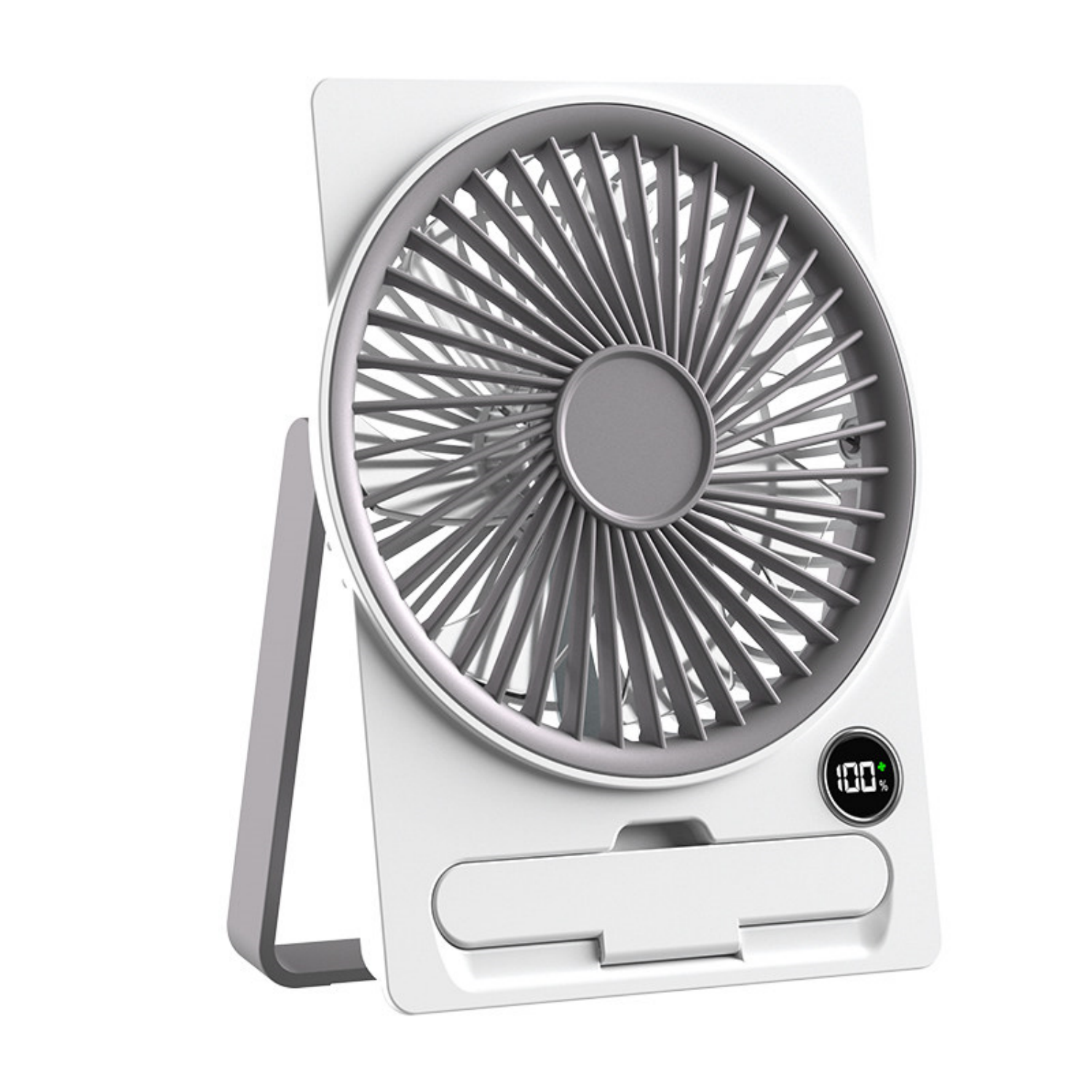 Ein weißer Tischventilator mit grauem Gitter und einem digitalen Display, das 100% anzeigt.