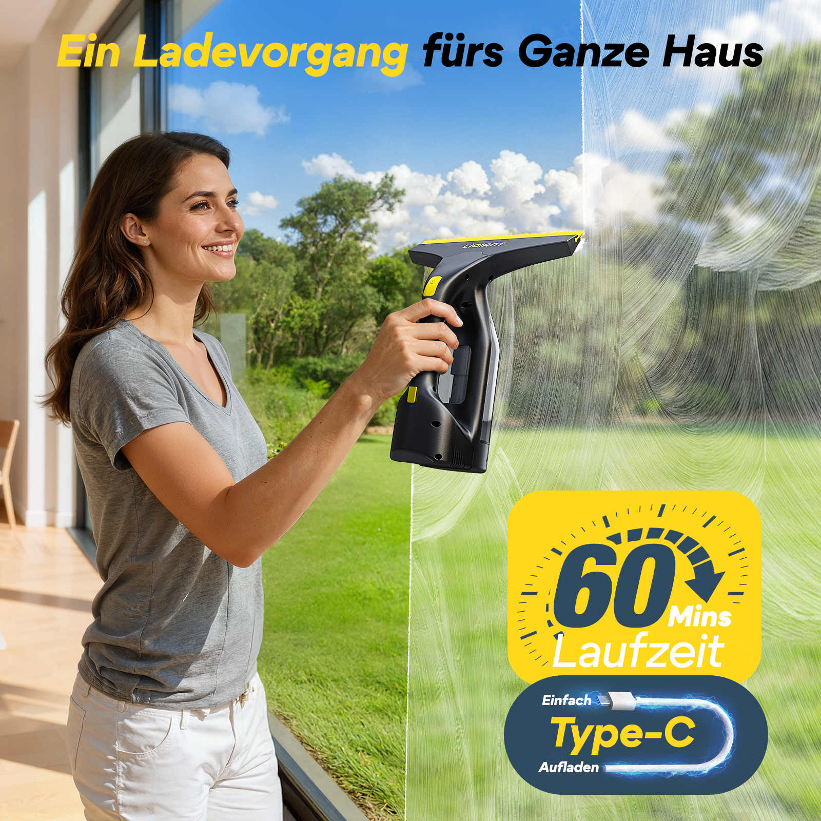 Frau reinigt Fenster mit schwarzem und gelbem Gerät. 60 Min Laufzeit.