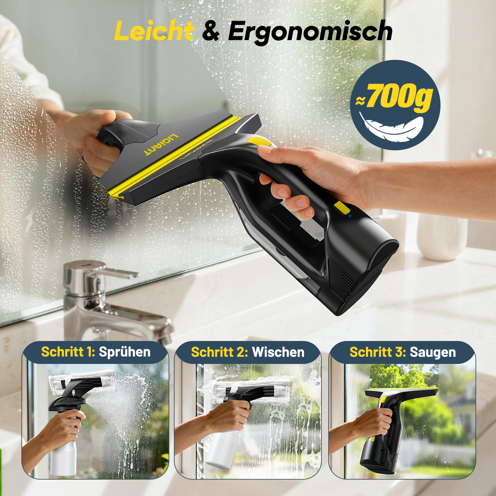 Ein Fensterreinigungsgerät mit gelben Akzenten wird für die Reinigung verwendet.