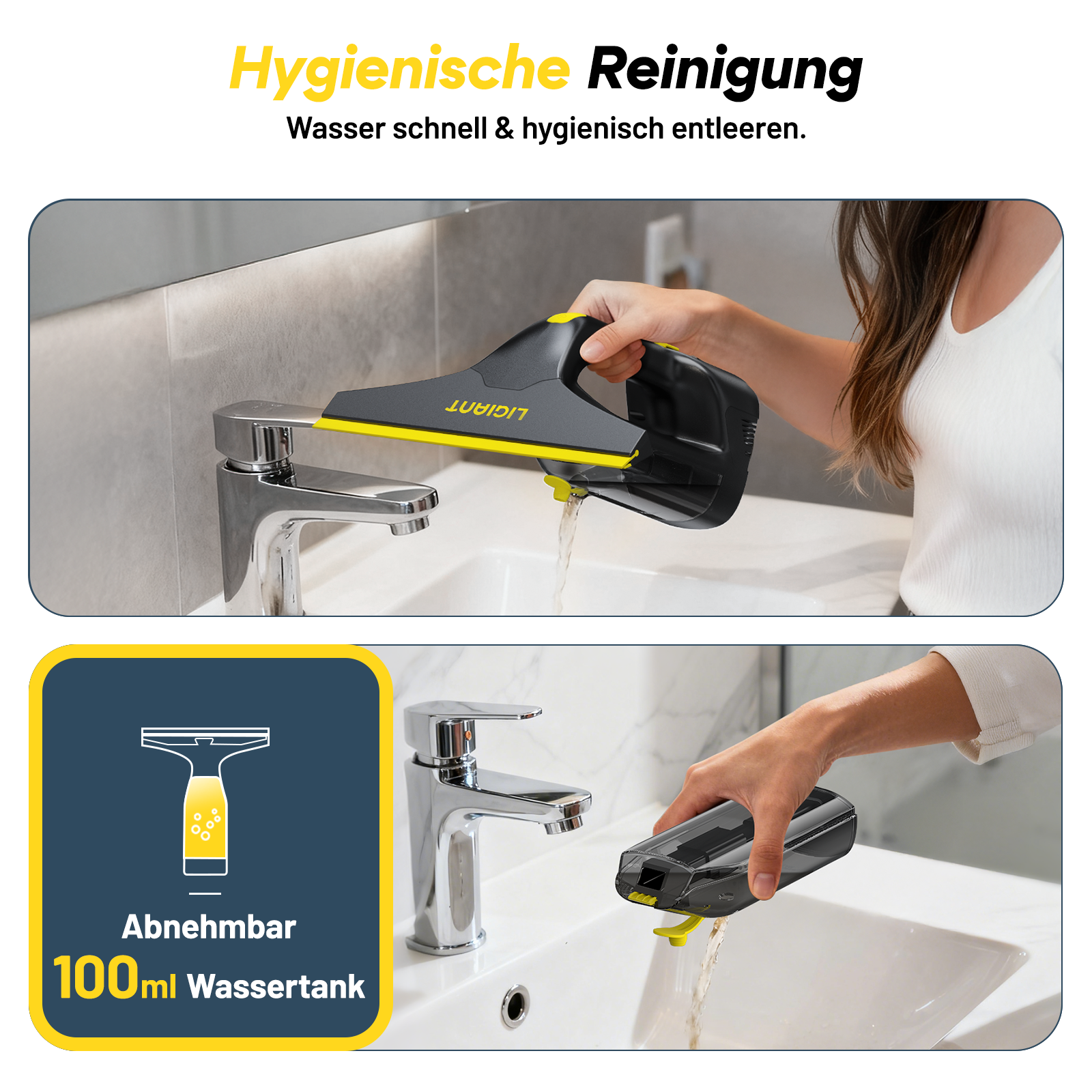 Ein Gerät leert Wasser in ein Waschbecken. Ein Wassertank ist abnehmbar.