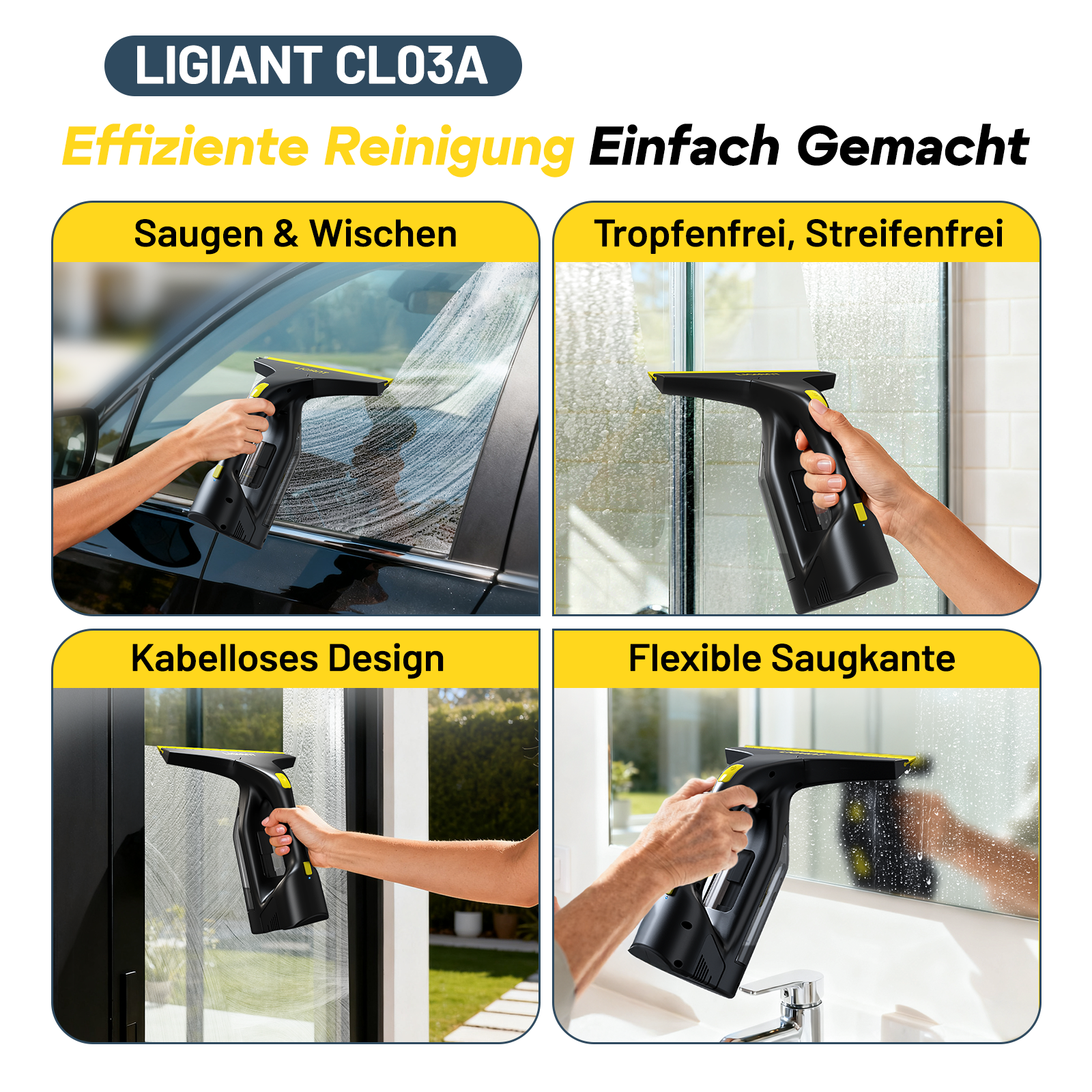 Vier Bilder zeigen einen schwarzen Fenstersauger mit gelben Akzenten.