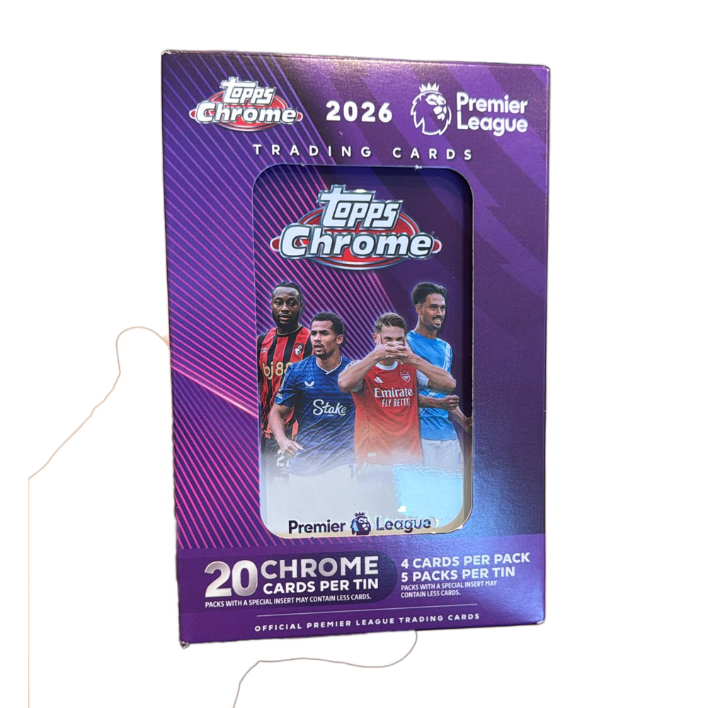 Topps Chrome Premier League 2026 Trading Cards Box mit Spielern.