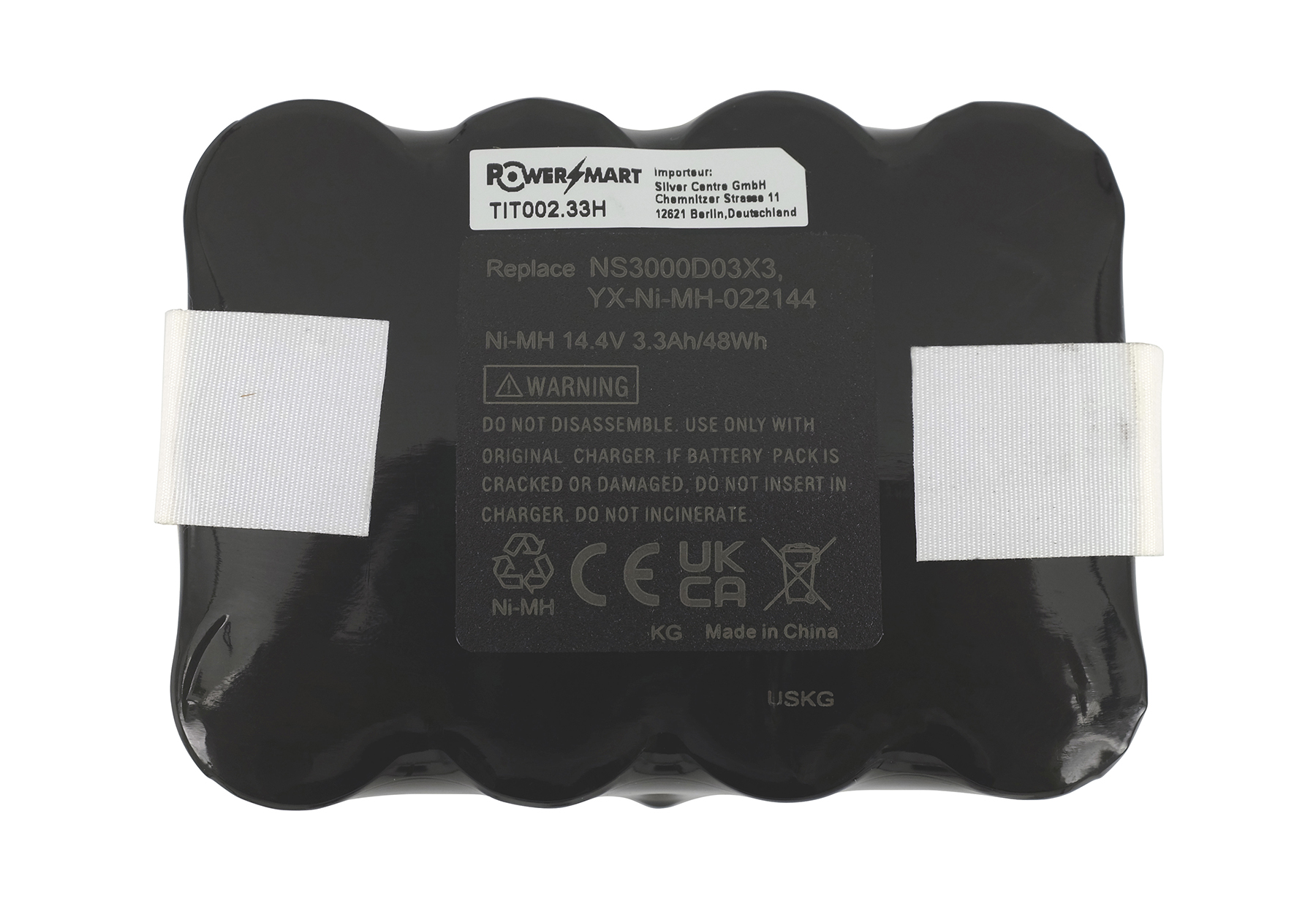 Schwarzer Ni-MH Akku mit Aufkleber, 14,4V, 3,3Ah, 48Wh, Made in China.