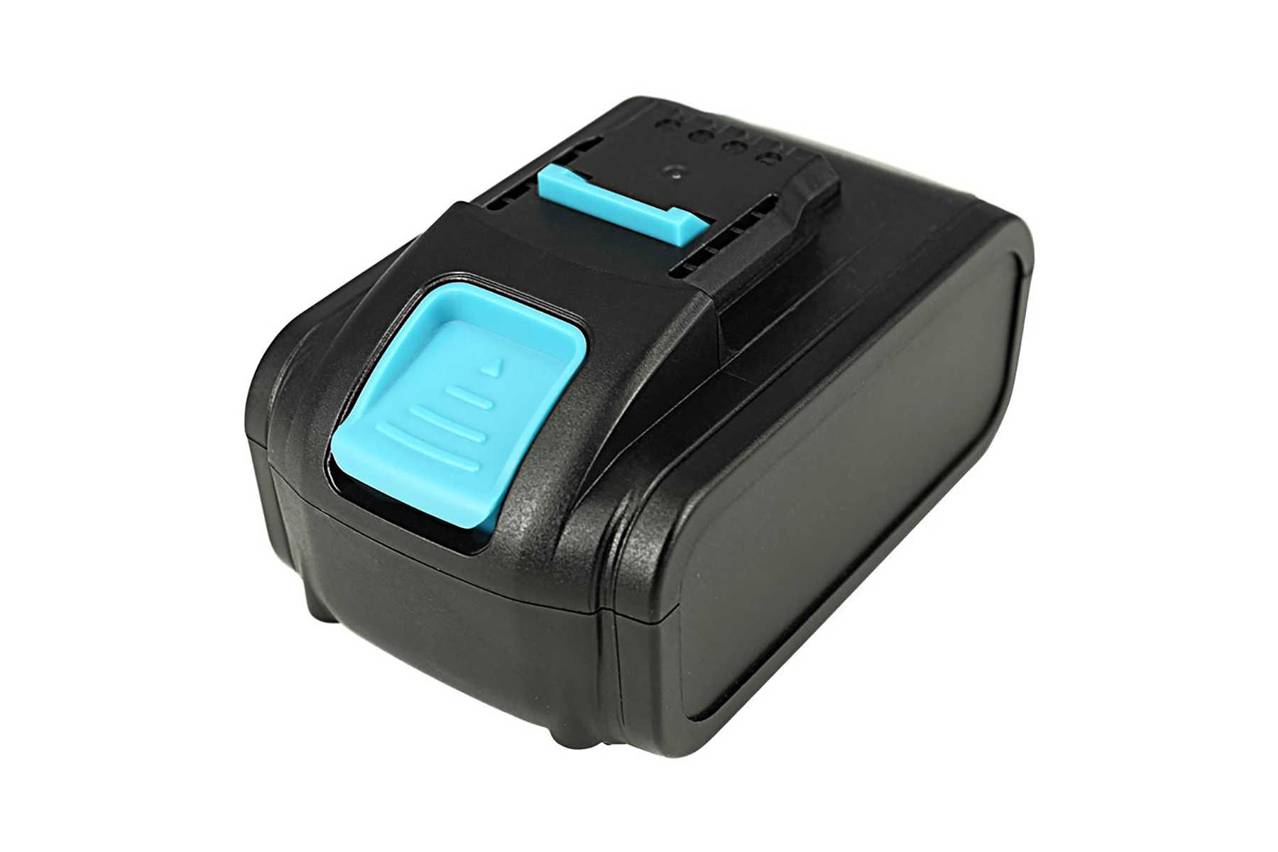 Schwarzer Akku mit blauen Entriegelungsknöpfen, weißer Hintergrund.