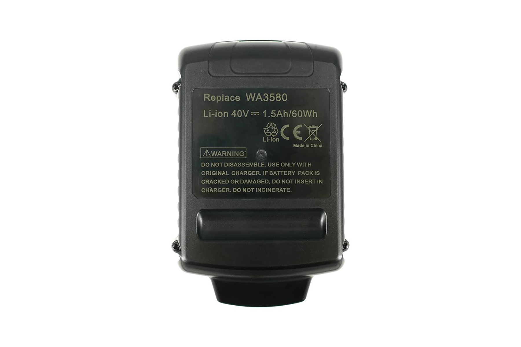 Schwarzer Akku, Modell WA3580, 40V, 1,5Ah, 60Wh. Enthält Warnhinweise.