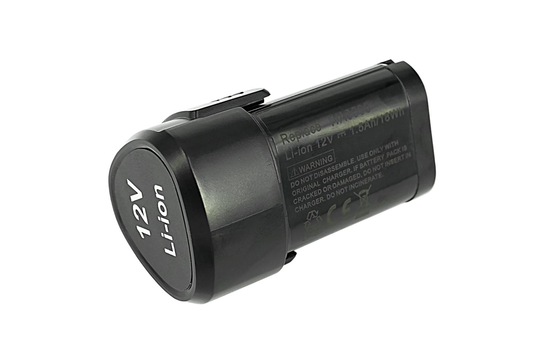 Schwarzer 12V Li-Ion Akku mit Warnhinweisen und CE-Zeichen.