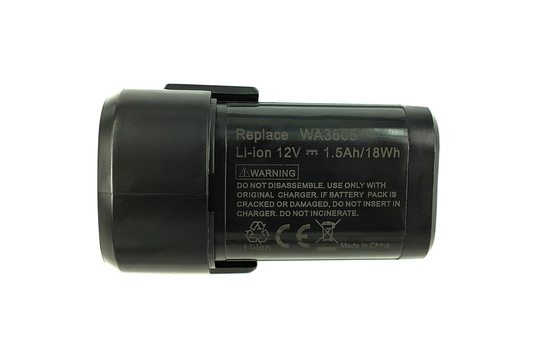 Schwarzer Li-Ionen-Akku, Modell WA3505, 12V, 1,5Ah, 18Wh.