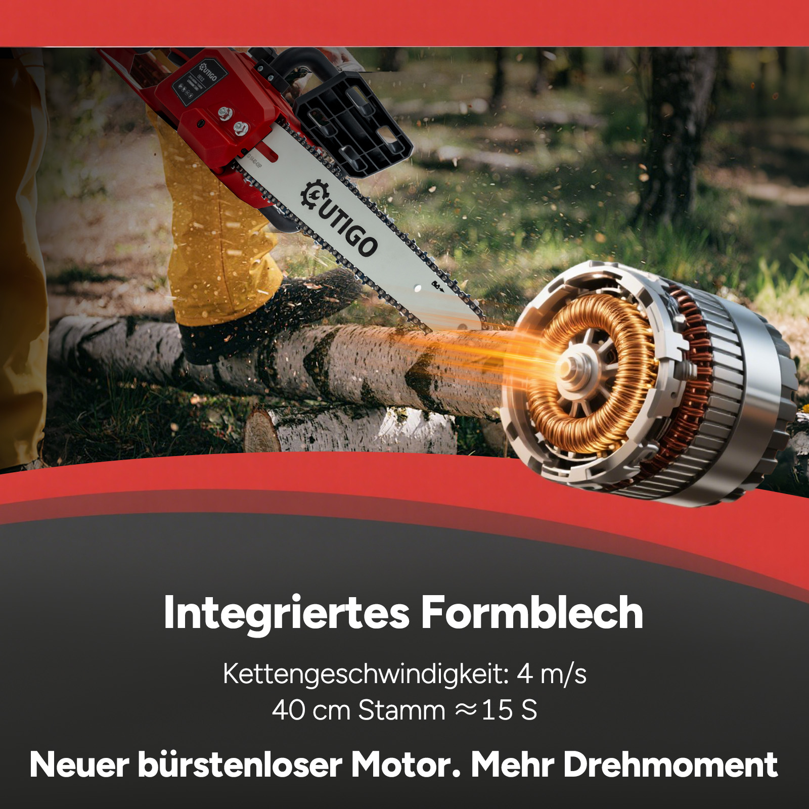 Kettensäge schneidet Baumstamm, Motor im Fokus, Sägespäne fliegen.