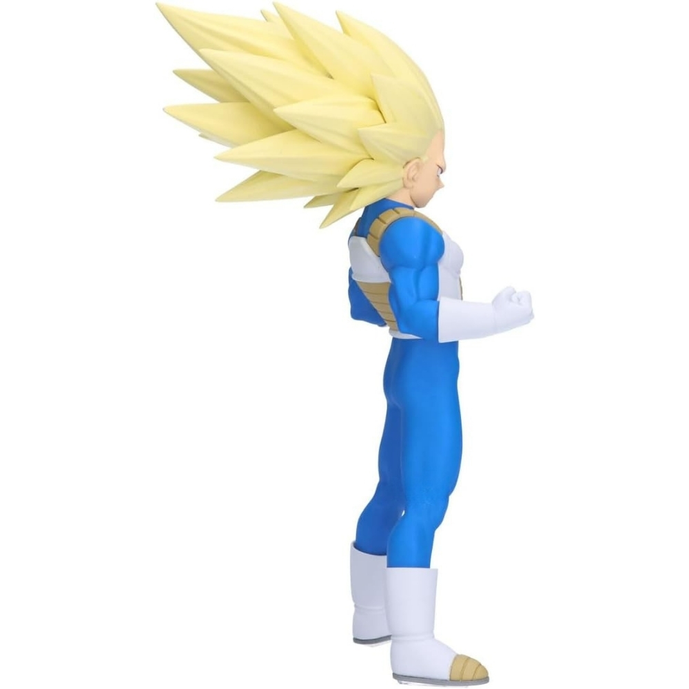 Figura de Vegeta con pelo rubio y traje azul, sobre fondo blanco.